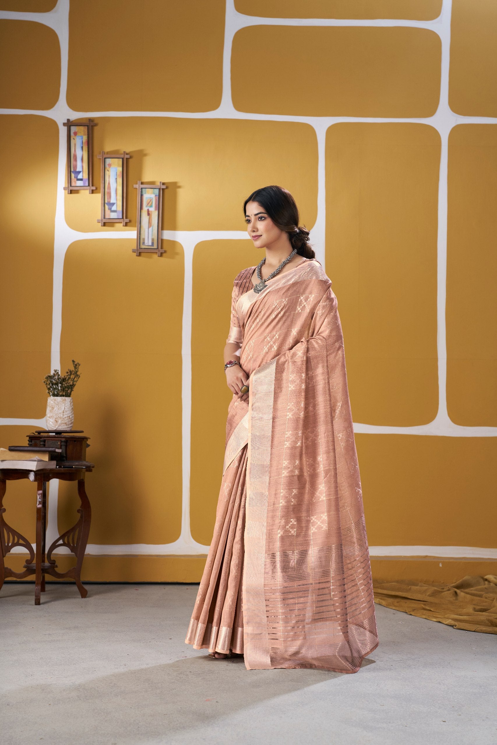 Peach Soft Linen Cotton Silk Saree