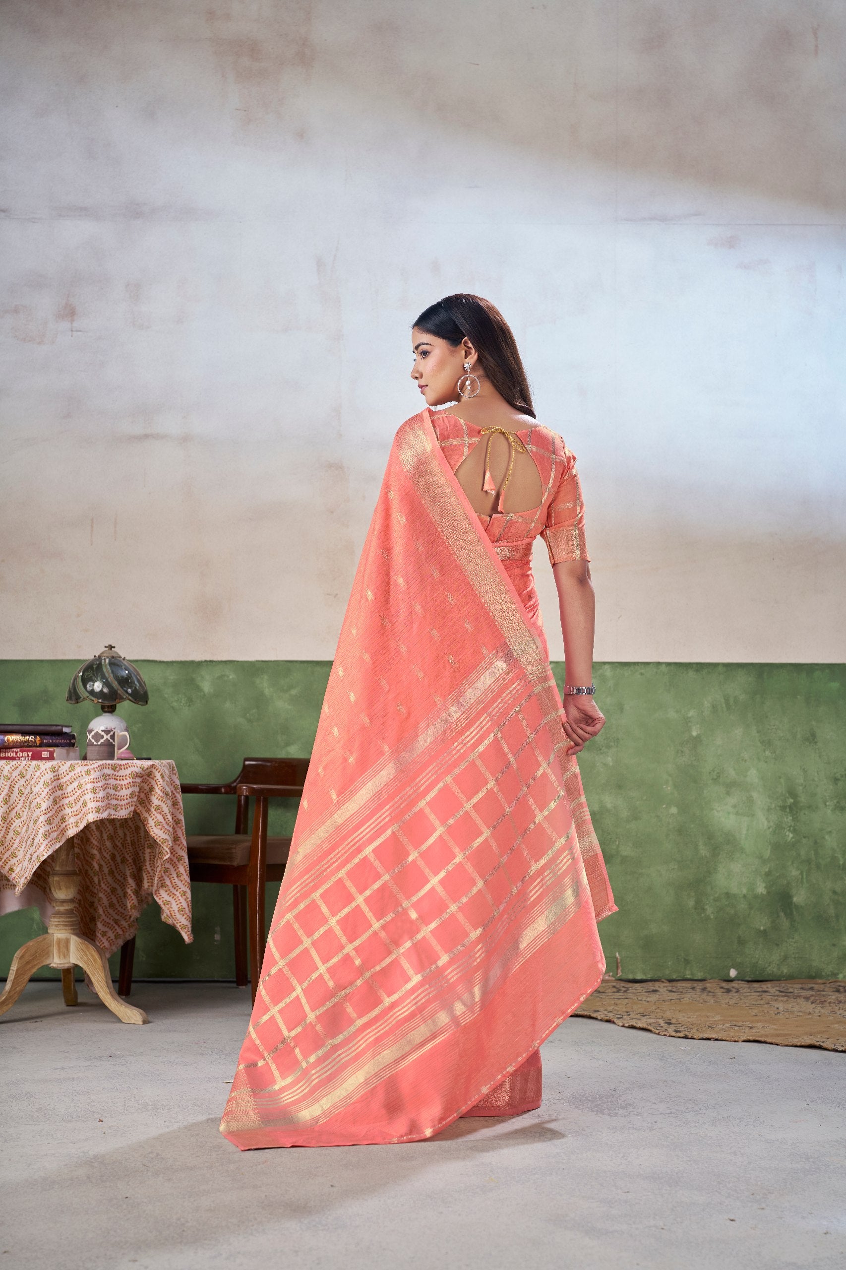 Peach Soft Linen Cotton Silk Saree