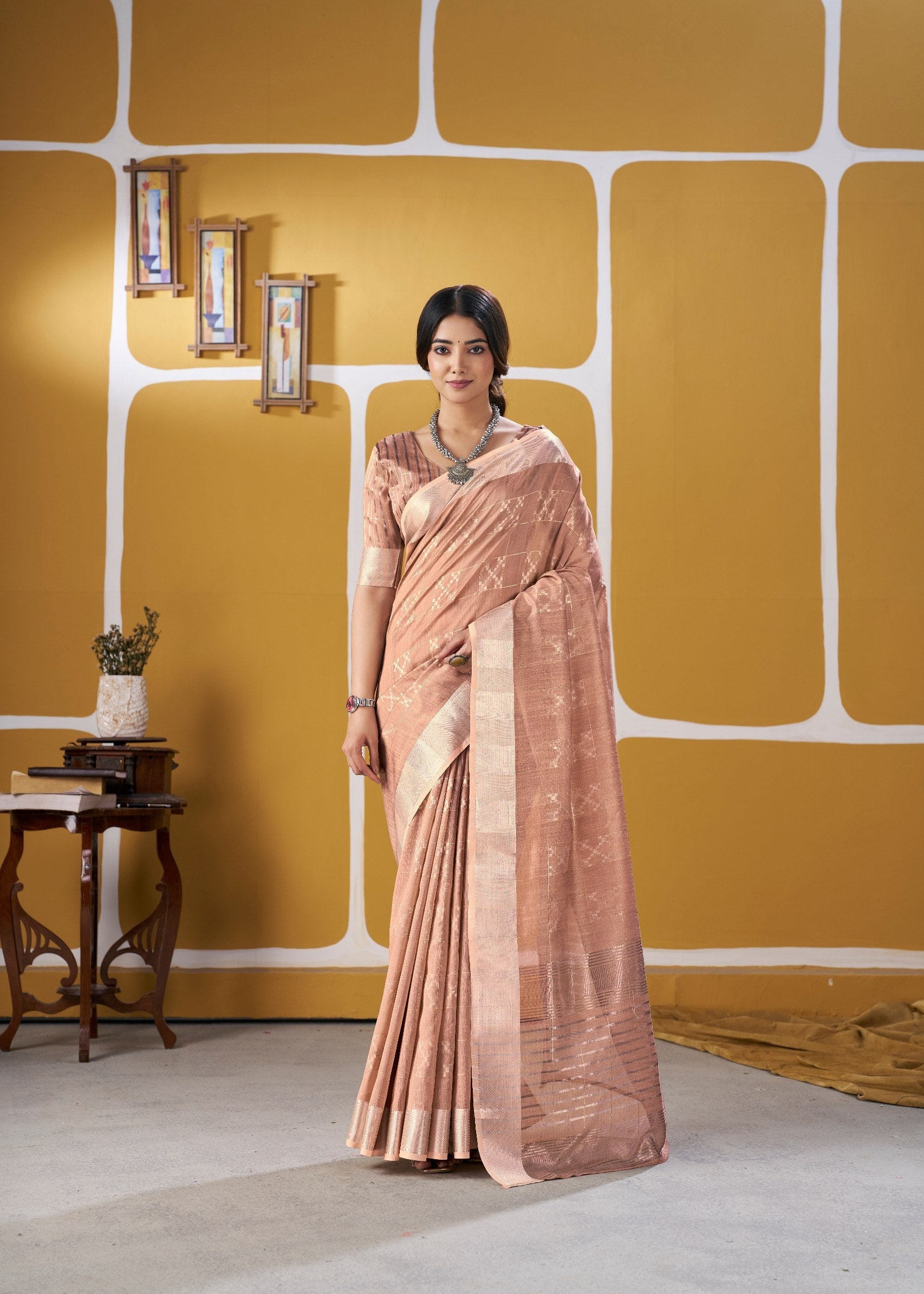 Peach Soft Linen Cotton Silk Saree
