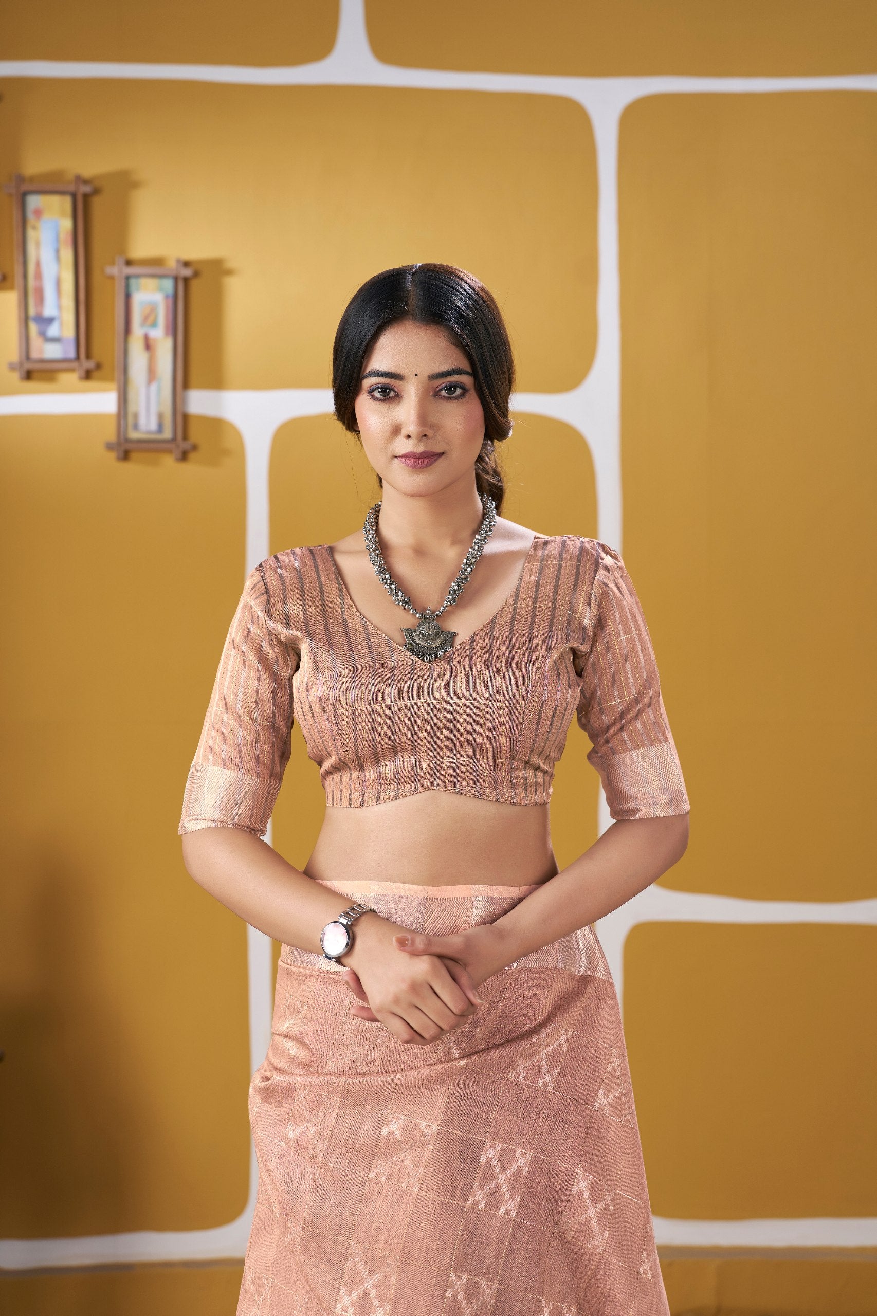 Peach Soft Linen Cotton Silk Saree