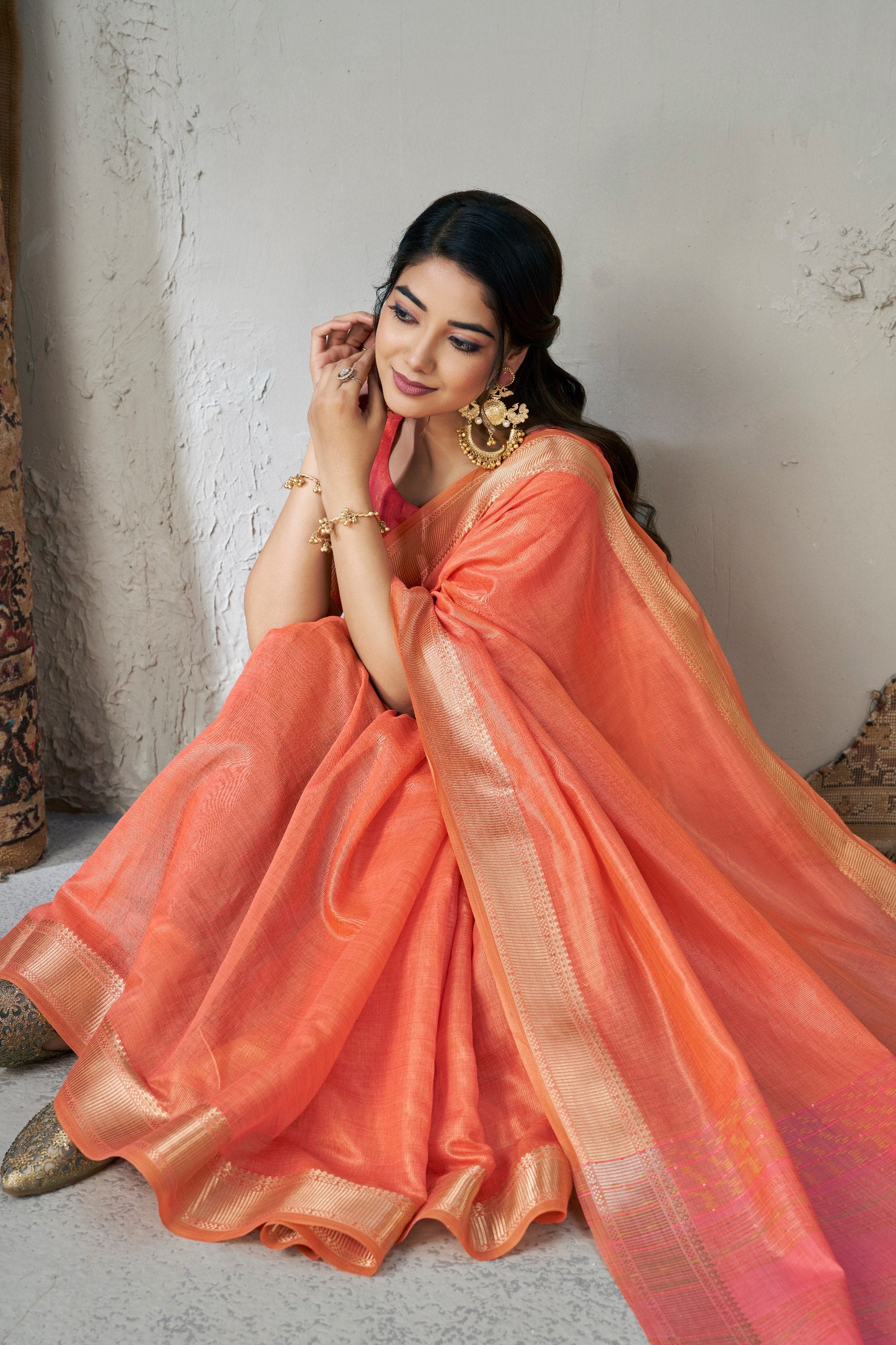 Peach Soft Linen Cotton Silk Saree
