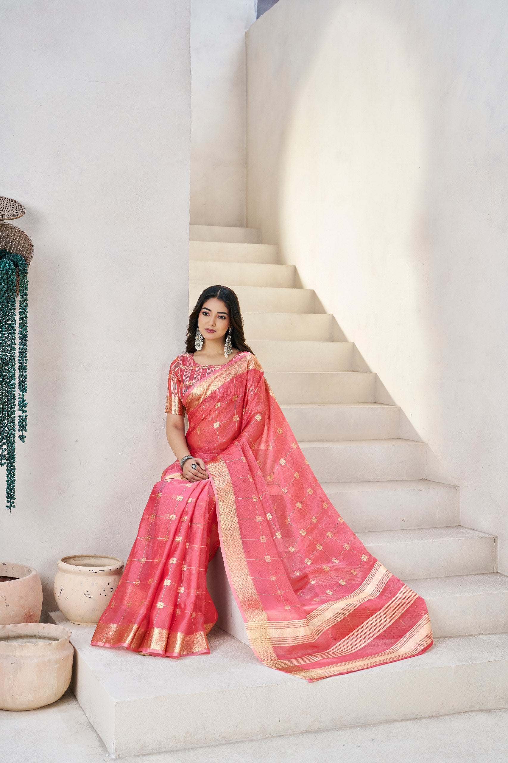 Peach Soft Linen Cotton Silk Saree