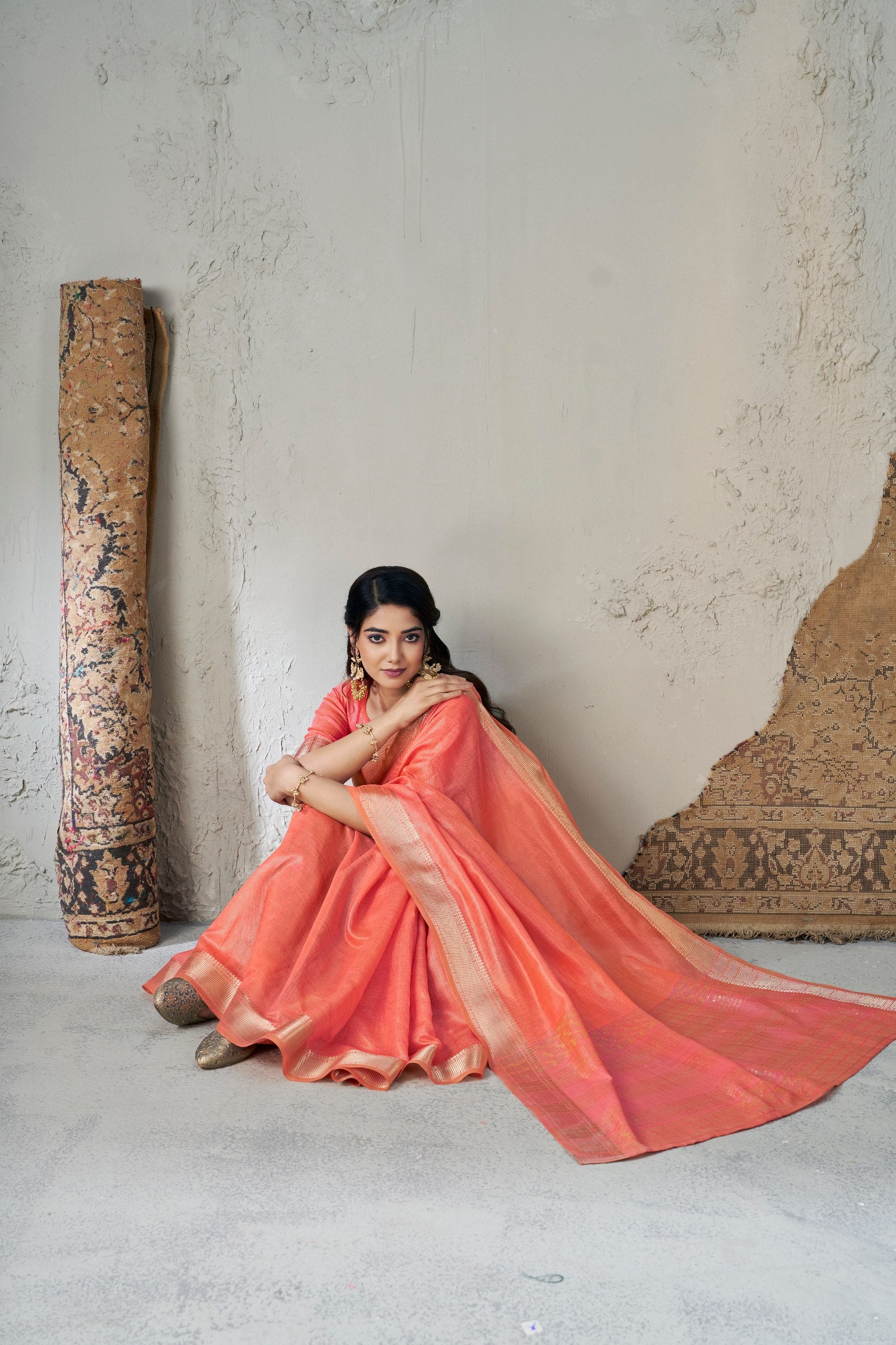 Peach Soft Linen Cotton Silk Saree
