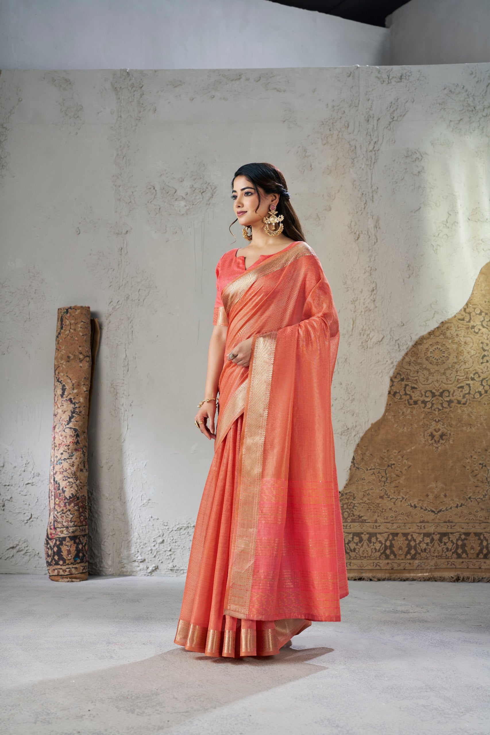 Peach Soft Linen Cotton Silk Saree