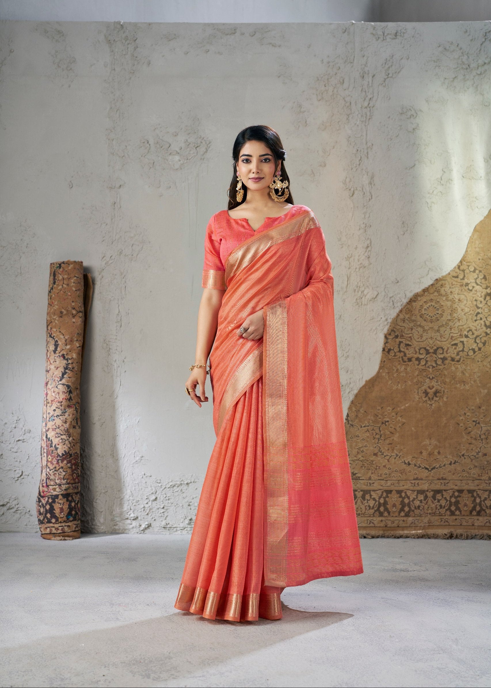 Peach Soft Linen Cotton Silk Saree