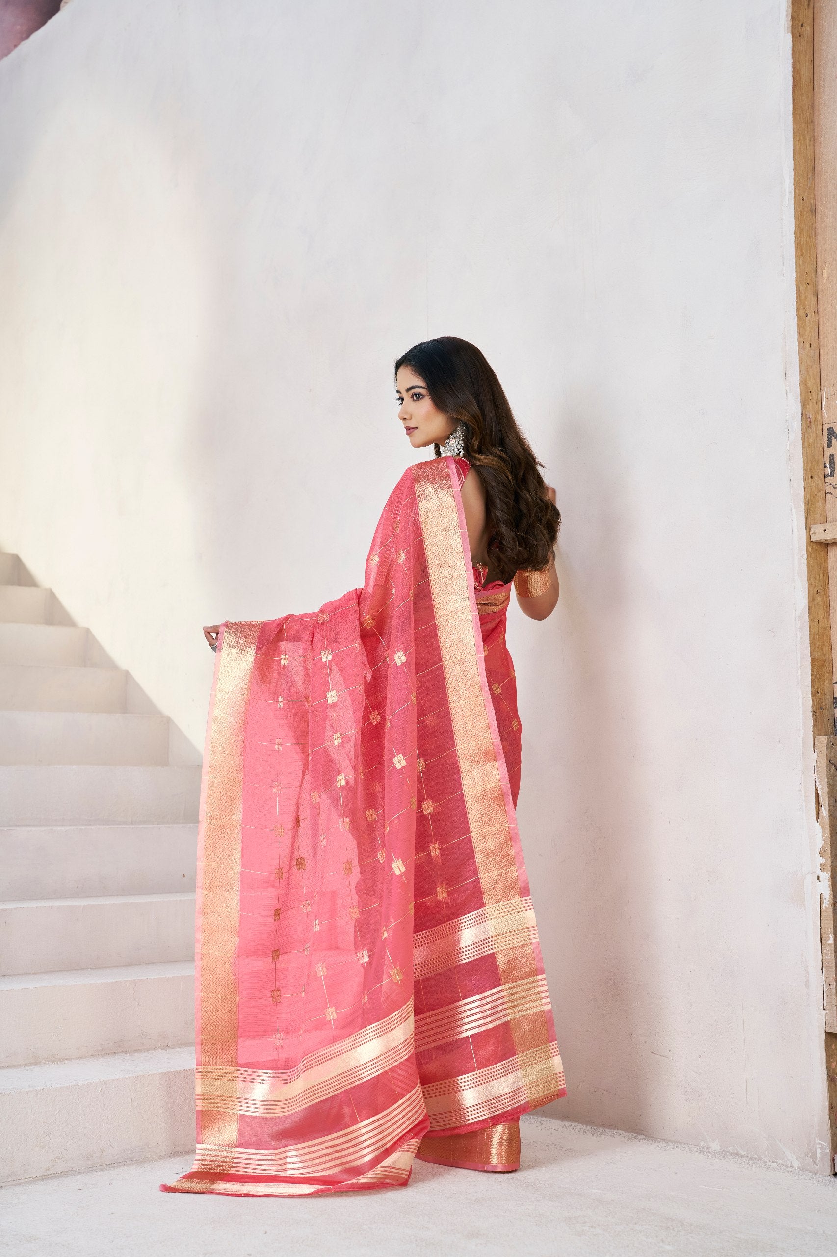 Peach Soft Linen Cotton Silk Saree