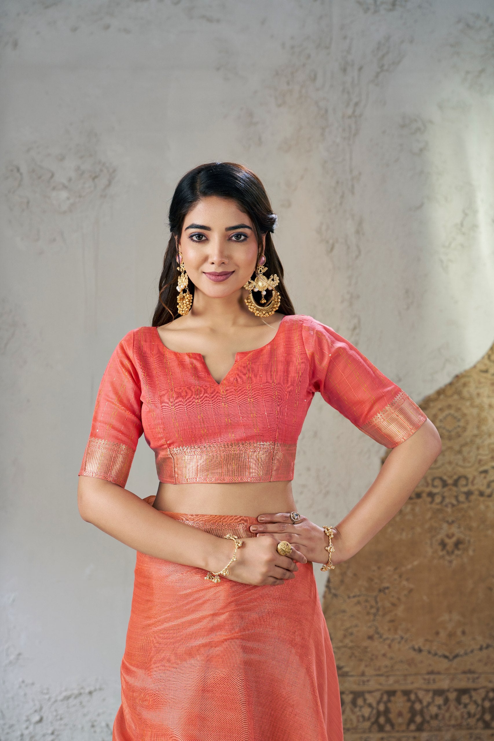 Peach Soft Linen Cotton Silk Saree