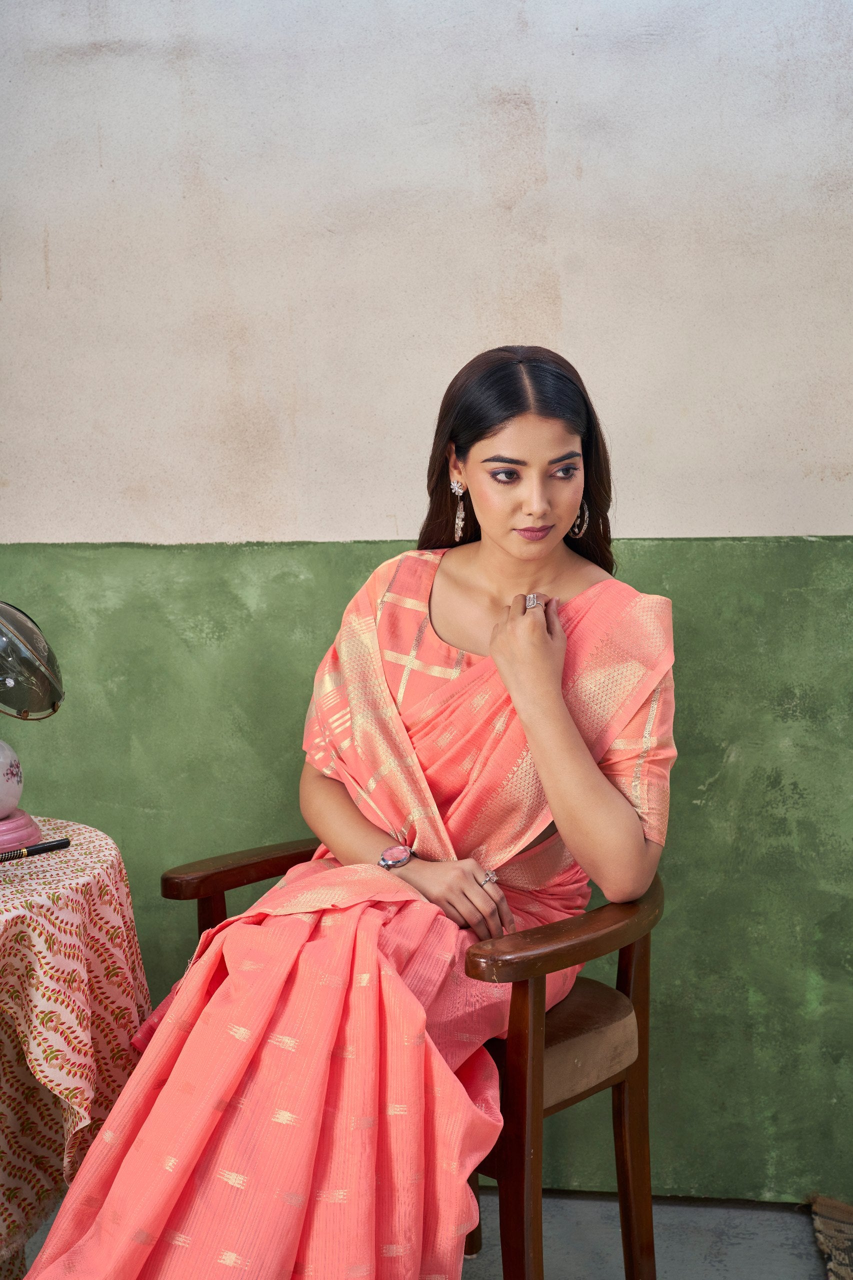 Peach Soft Linen Cotton Silk Saree