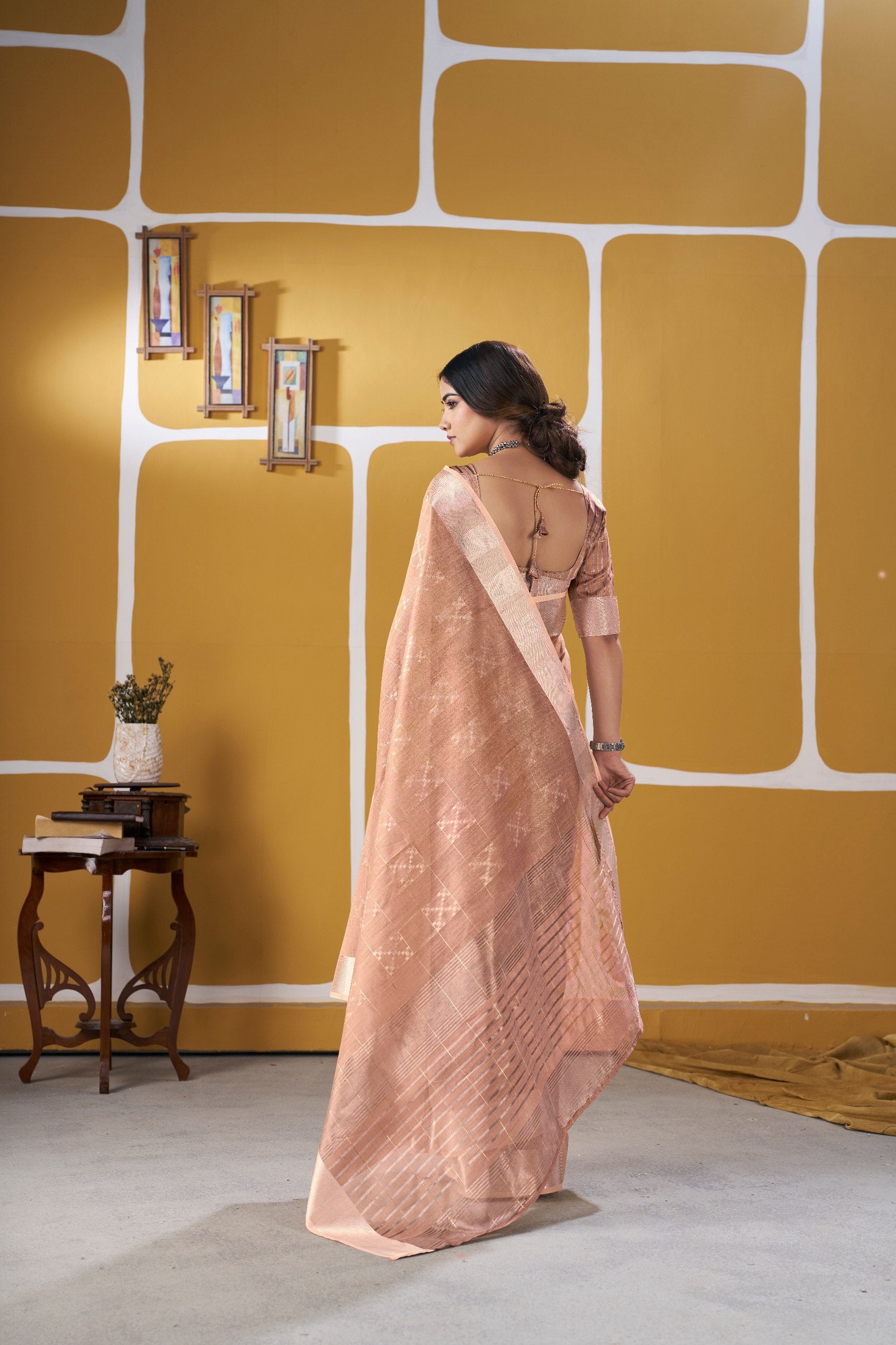Peach Soft Linen Cotton Silk Saree