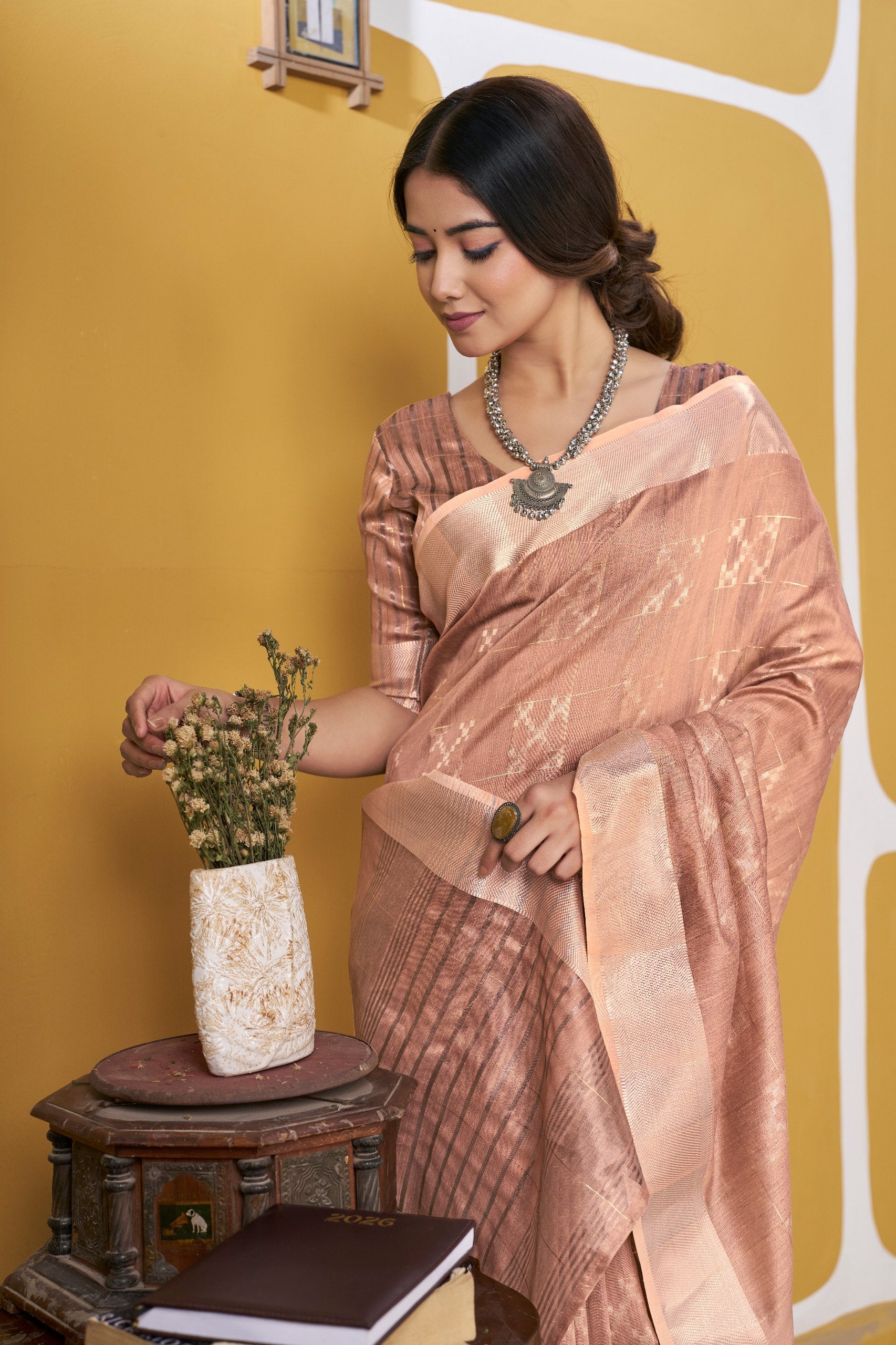 Peach Soft Linen Cotton Silk Saree