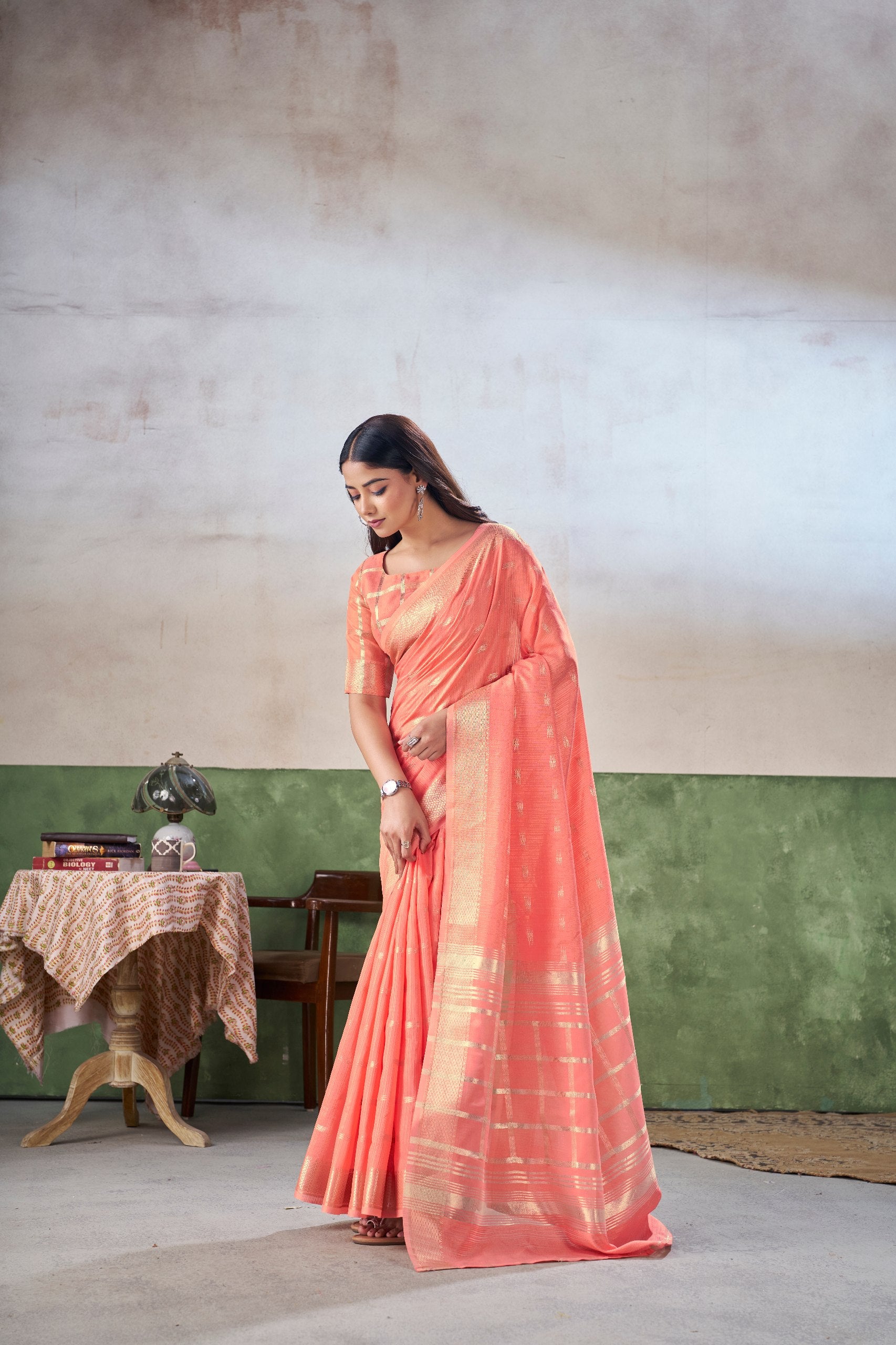 Peach Soft Linen Cotton Silk Saree