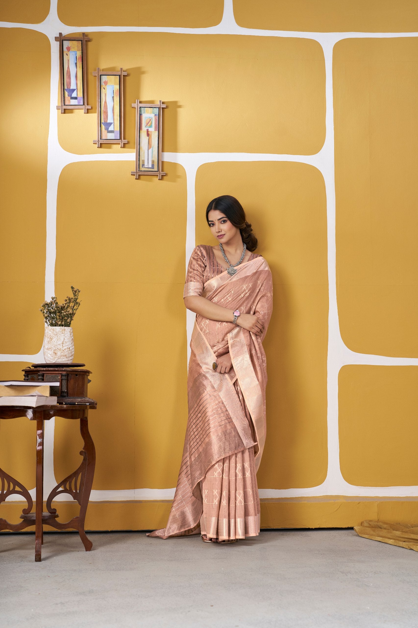 Peach Soft Linen Cotton Silk Saree