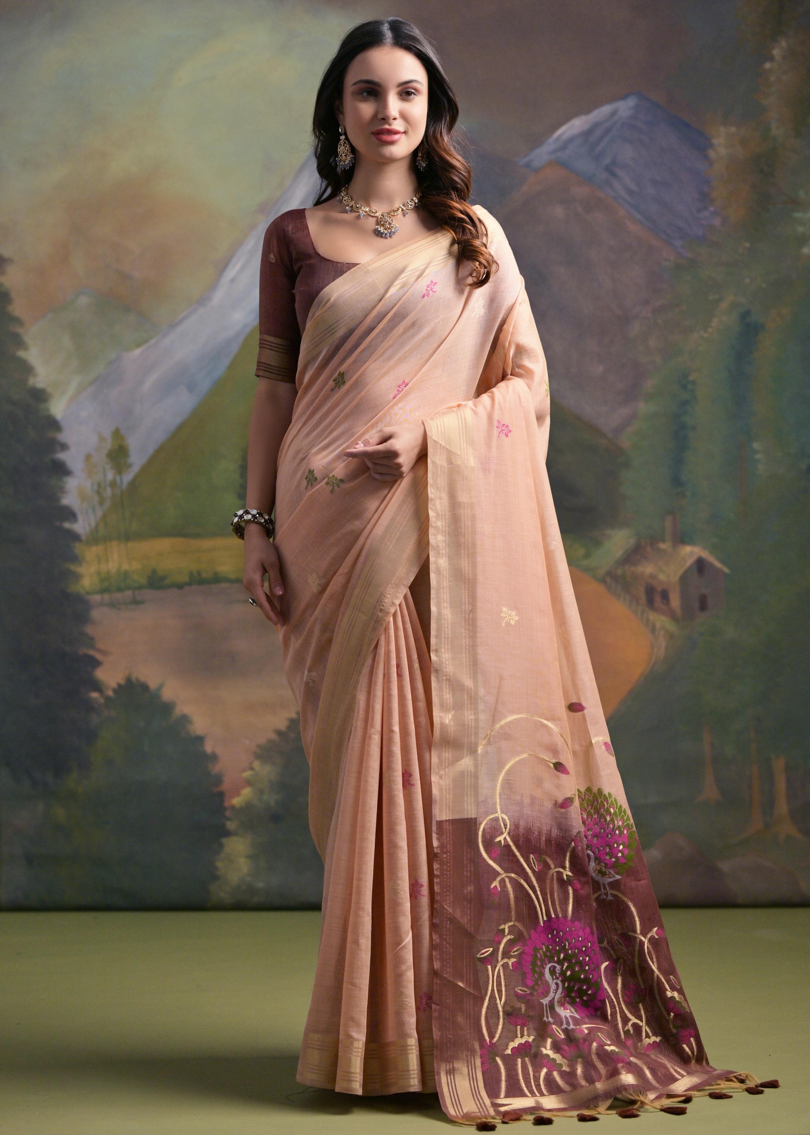 Peach Soft Muga Silk Saree