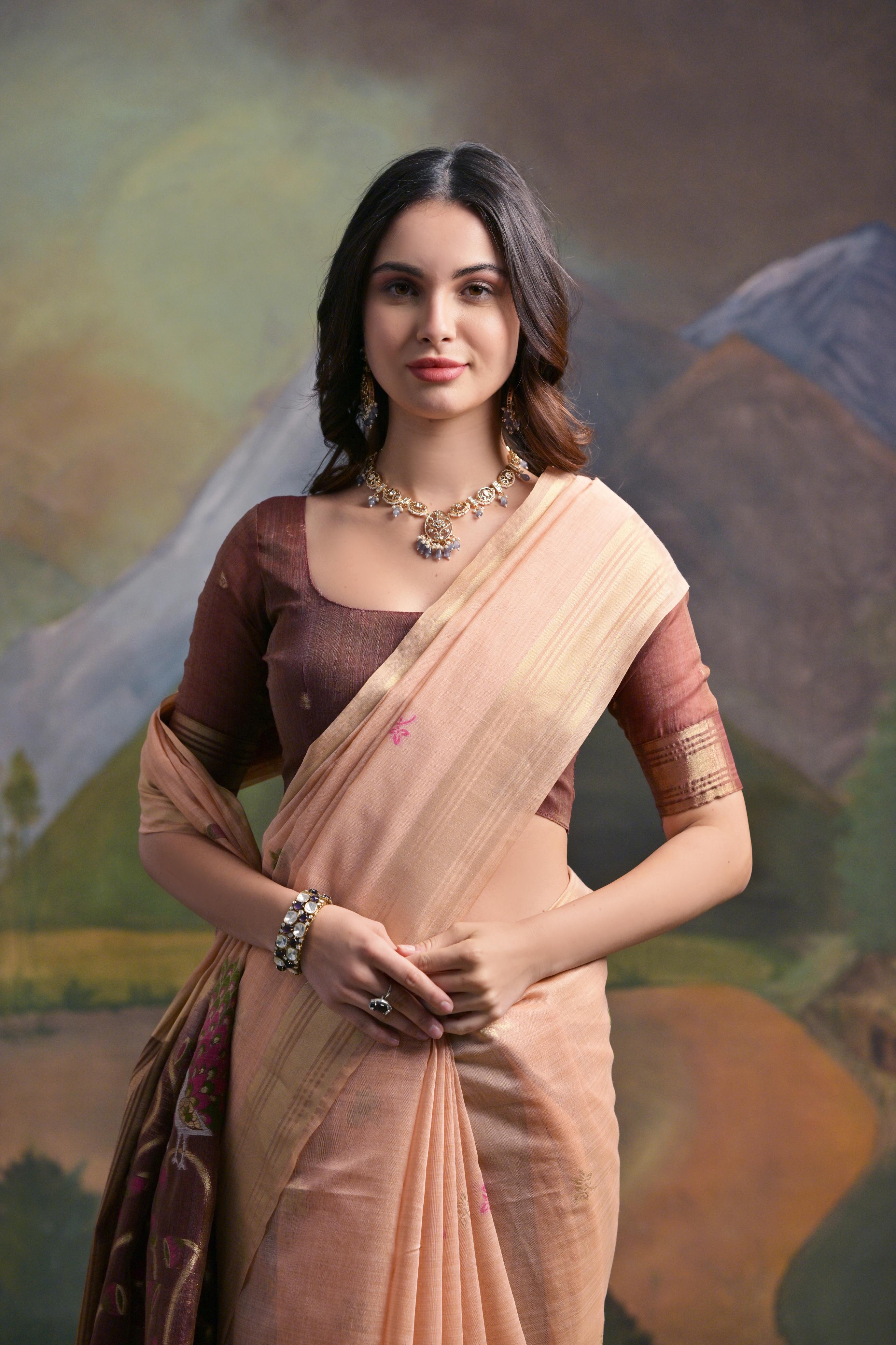 Peach Soft Muga Silk Saree