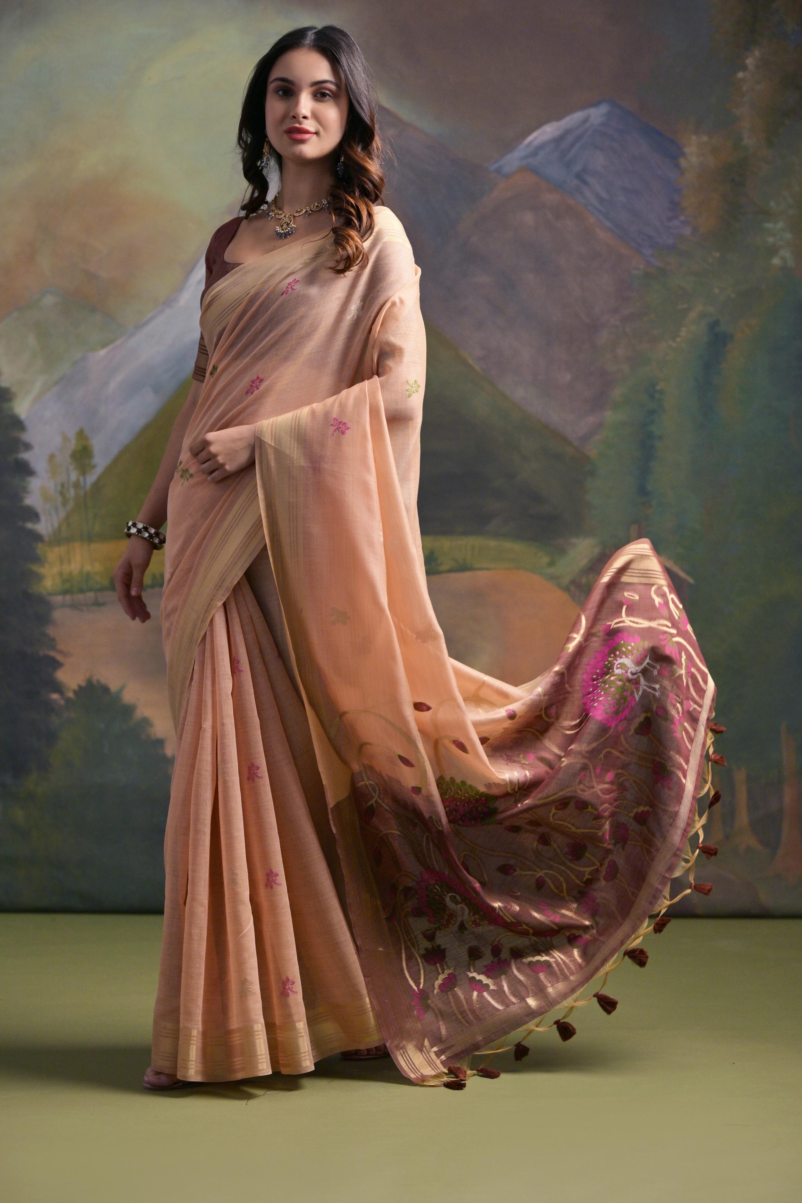 Peach Soft Muga Silk Saree