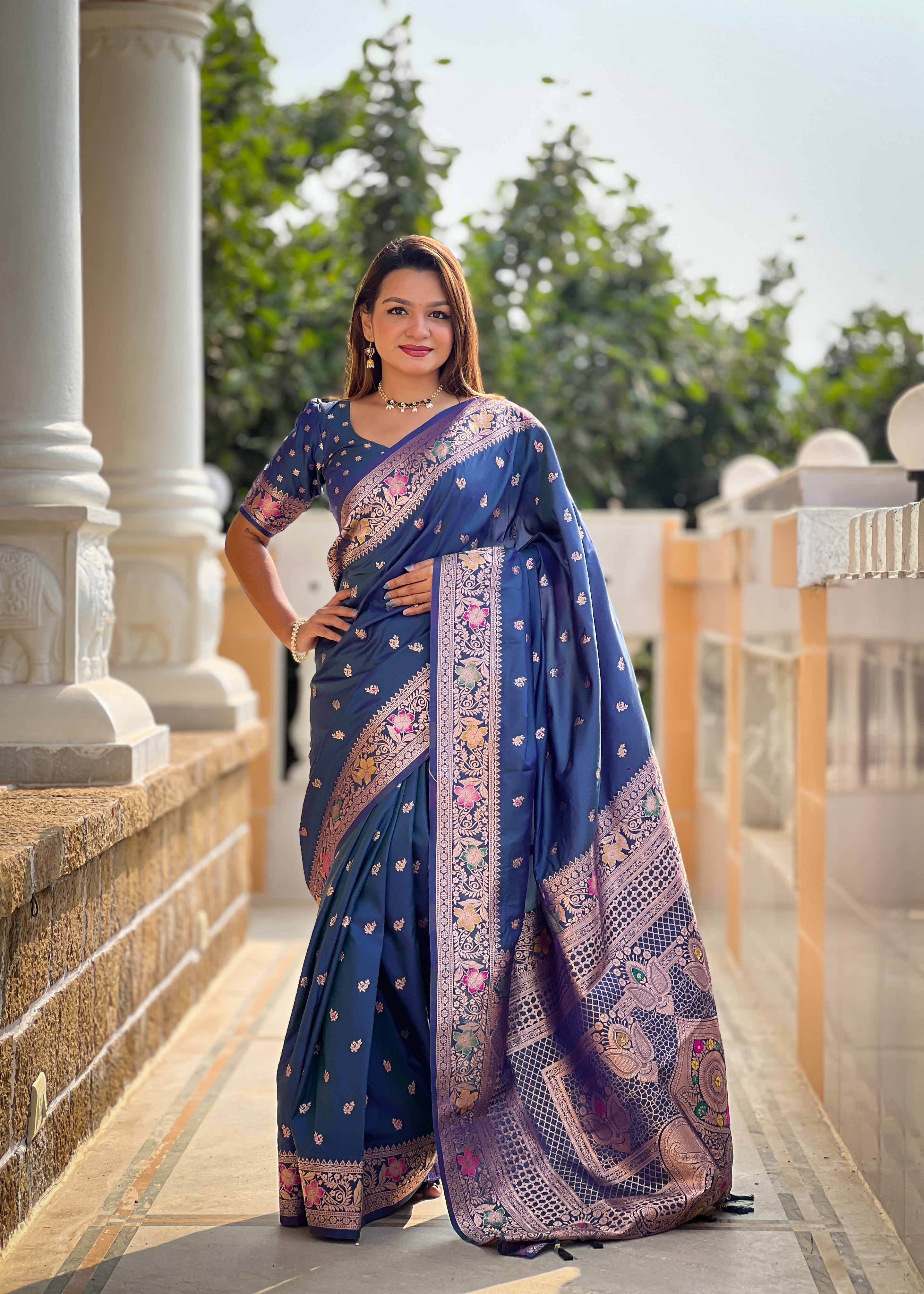 Peacock Blue Soft Banarasi Silk Saree