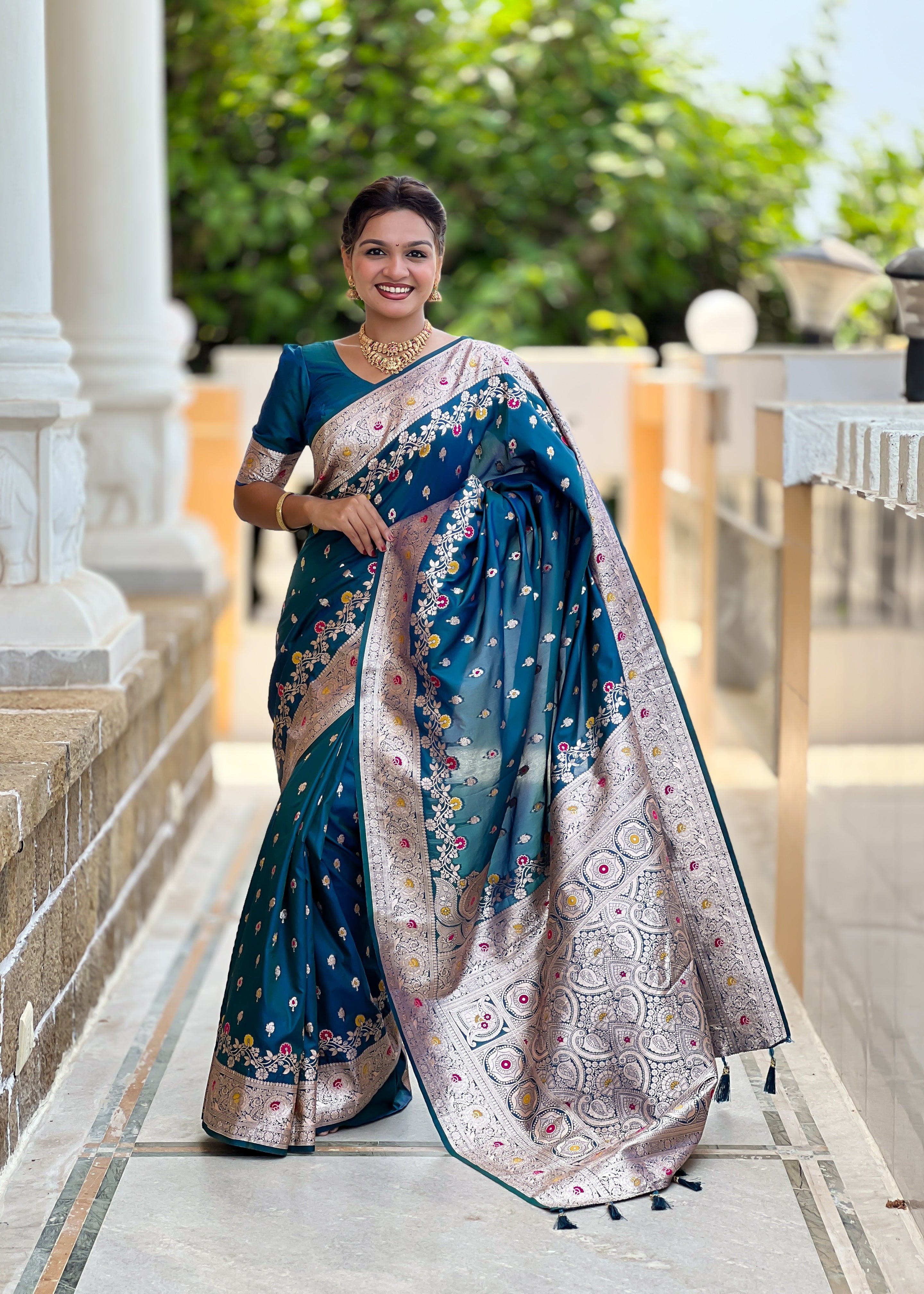 Peacock Blue Soft Banarasi Silk Saree