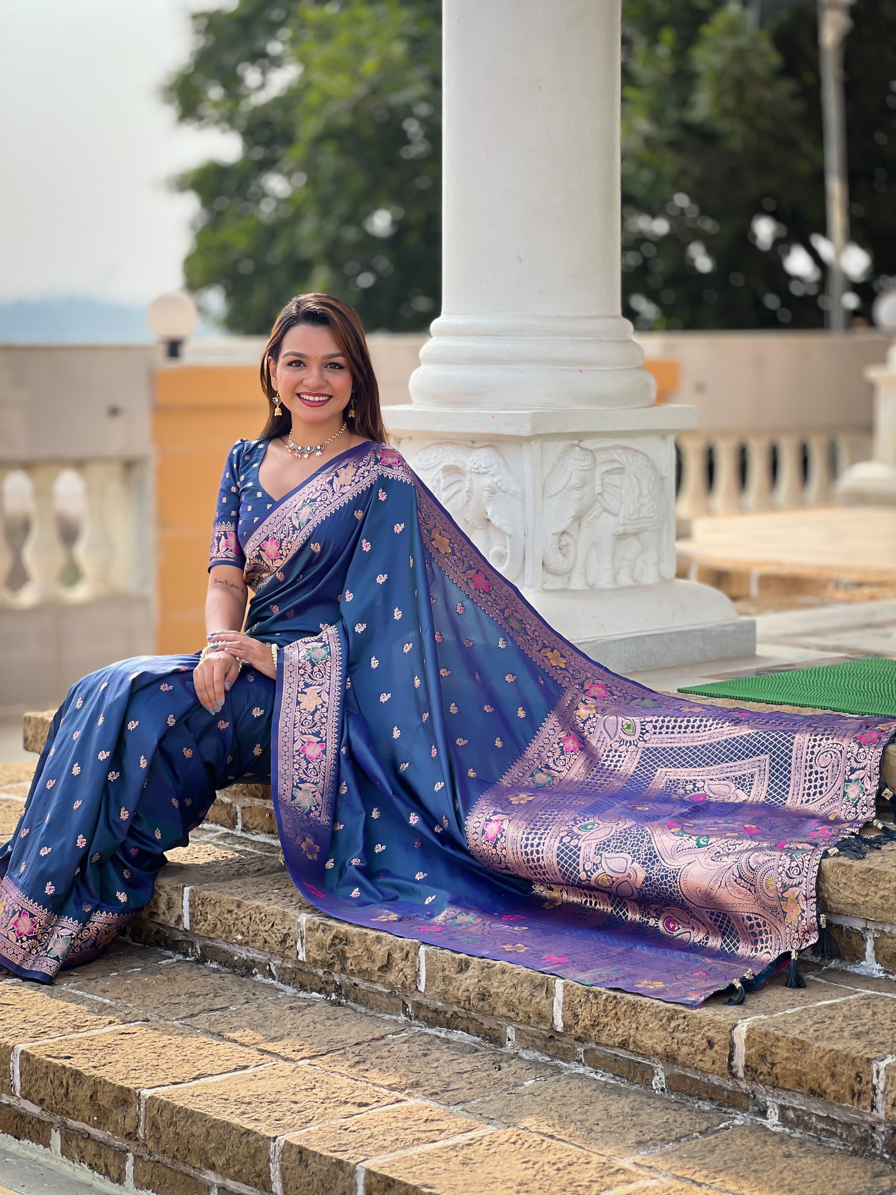 Peacock Blue Soft Banarasi Silk Saree