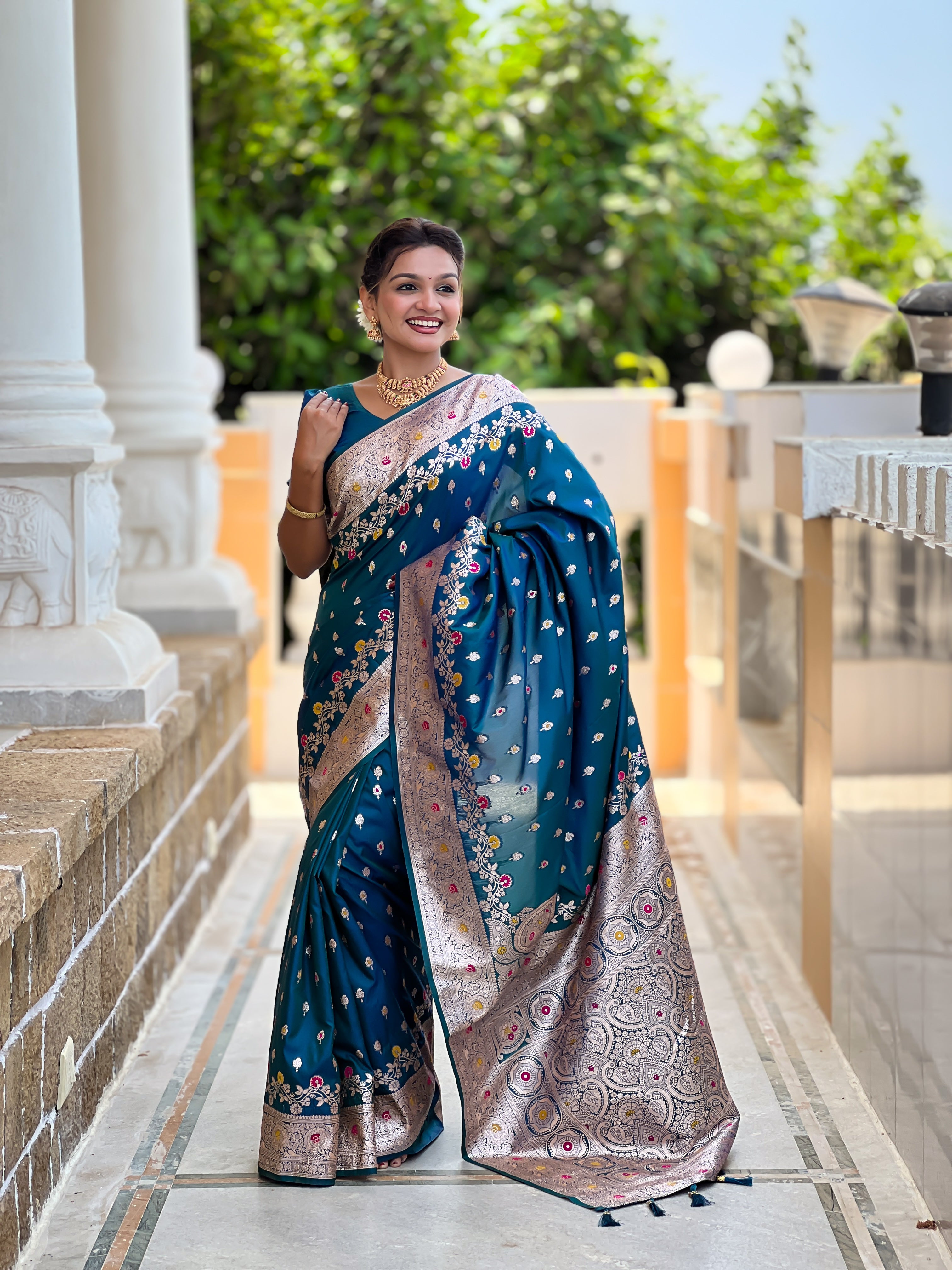 Peacock Blue Soft Banarasi Silk Saree