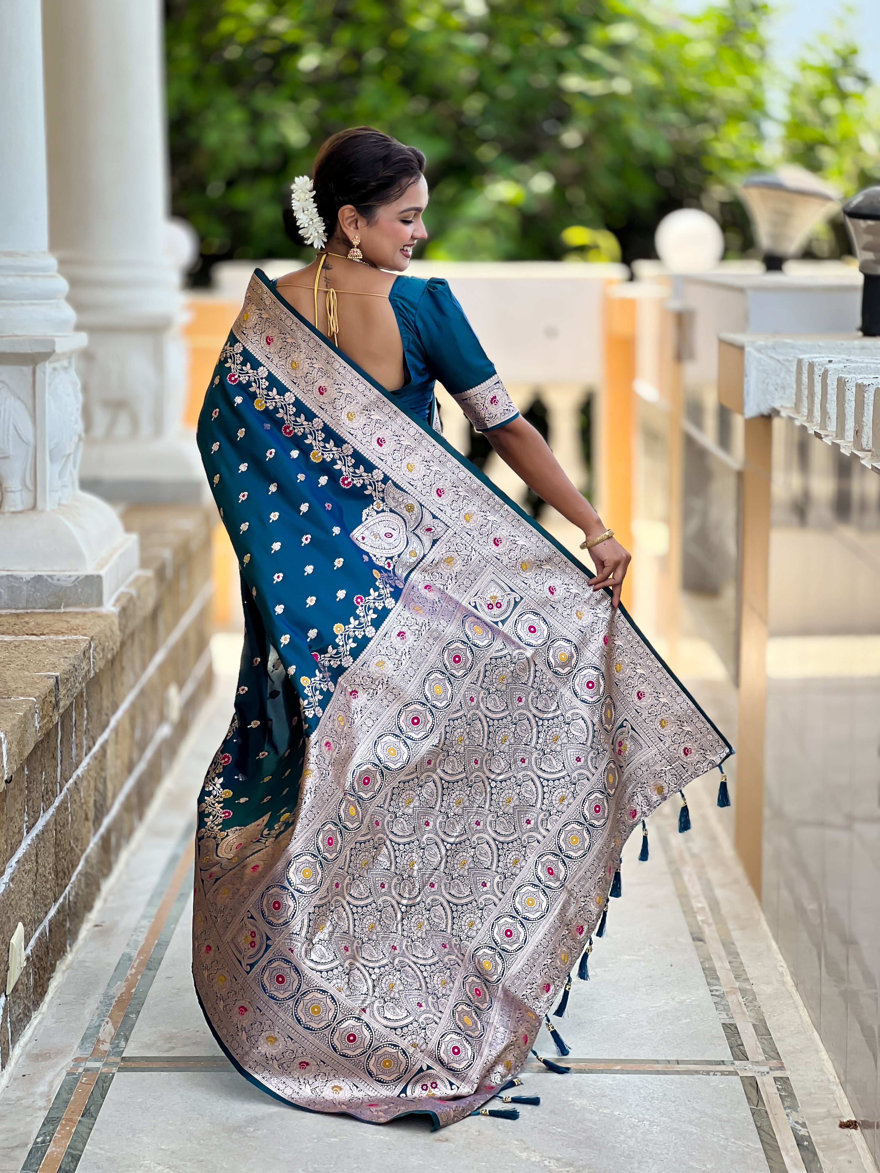 Peacock Blue Soft Banarasi Silk Saree
