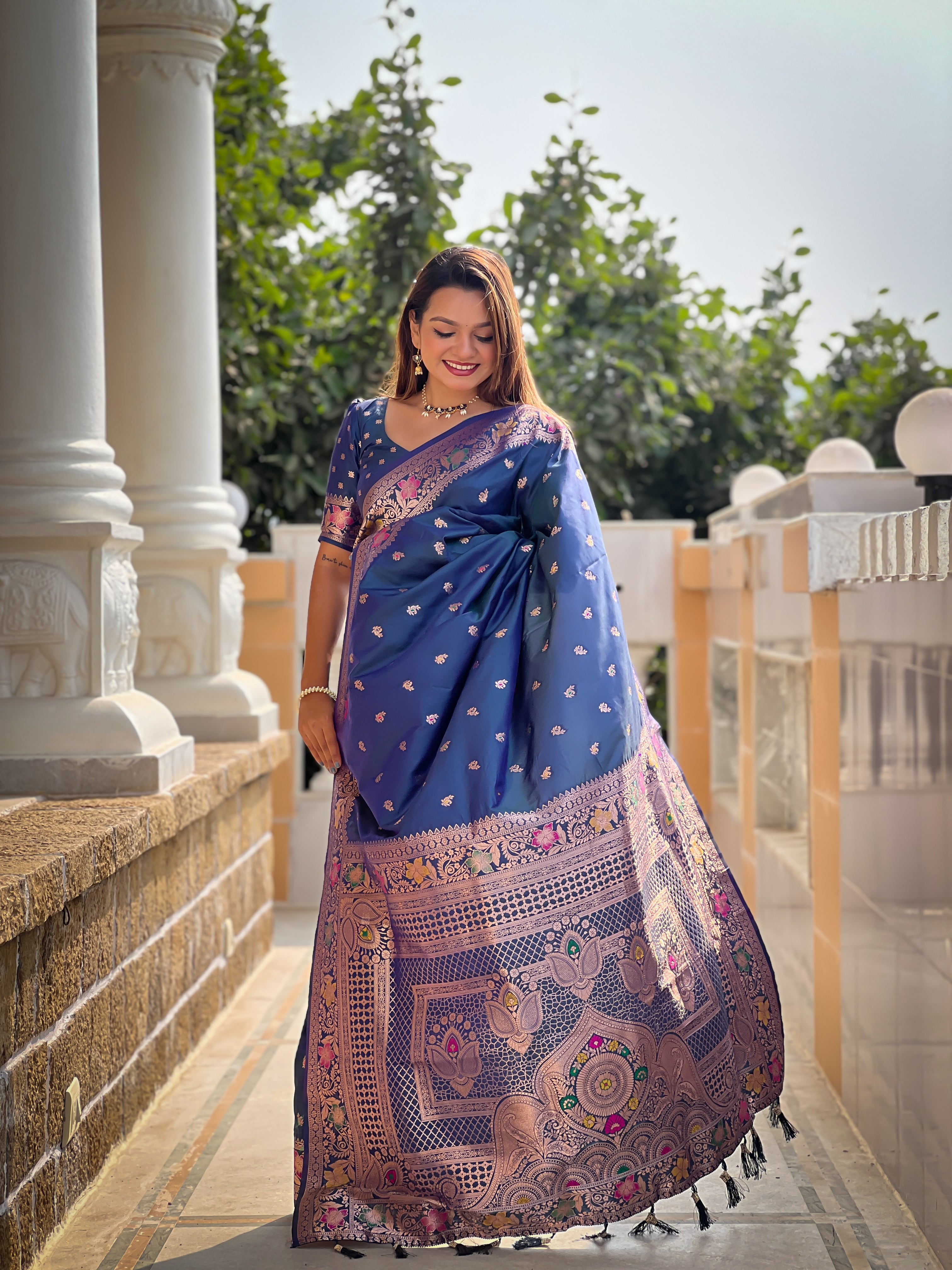 Peacock Blue Soft Banarasi Silk Saree