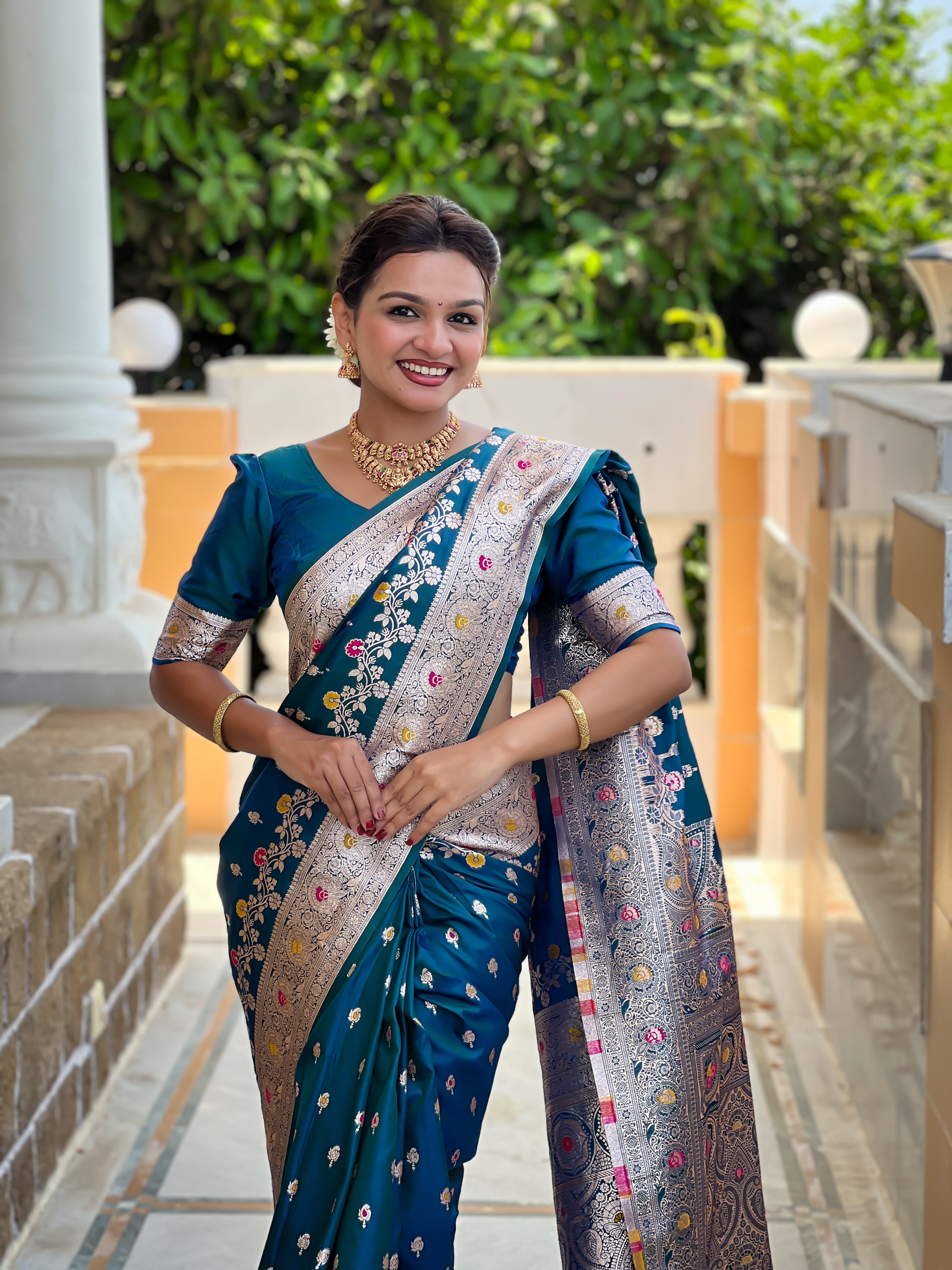 Peacock Blue Soft Banarasi Silk Saree
