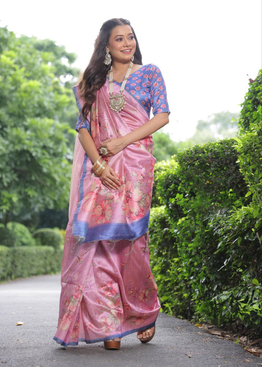 Pink Floral Printed Soft Tussar Silk Saree