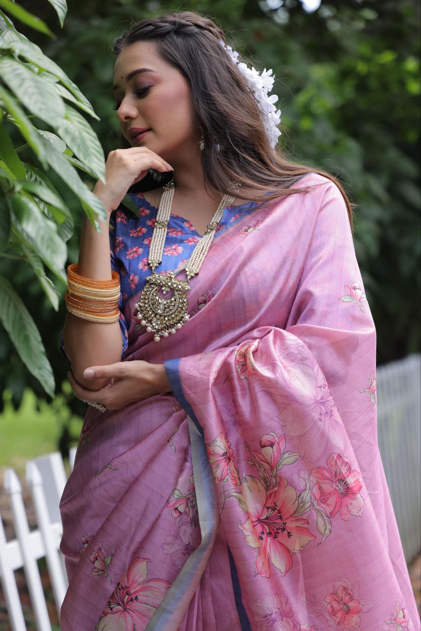 Pink Floral Printed Soft Tussar Silk Saree