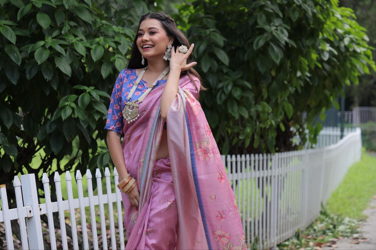 Pink Floral Printed Soft Tussar Silk Saree