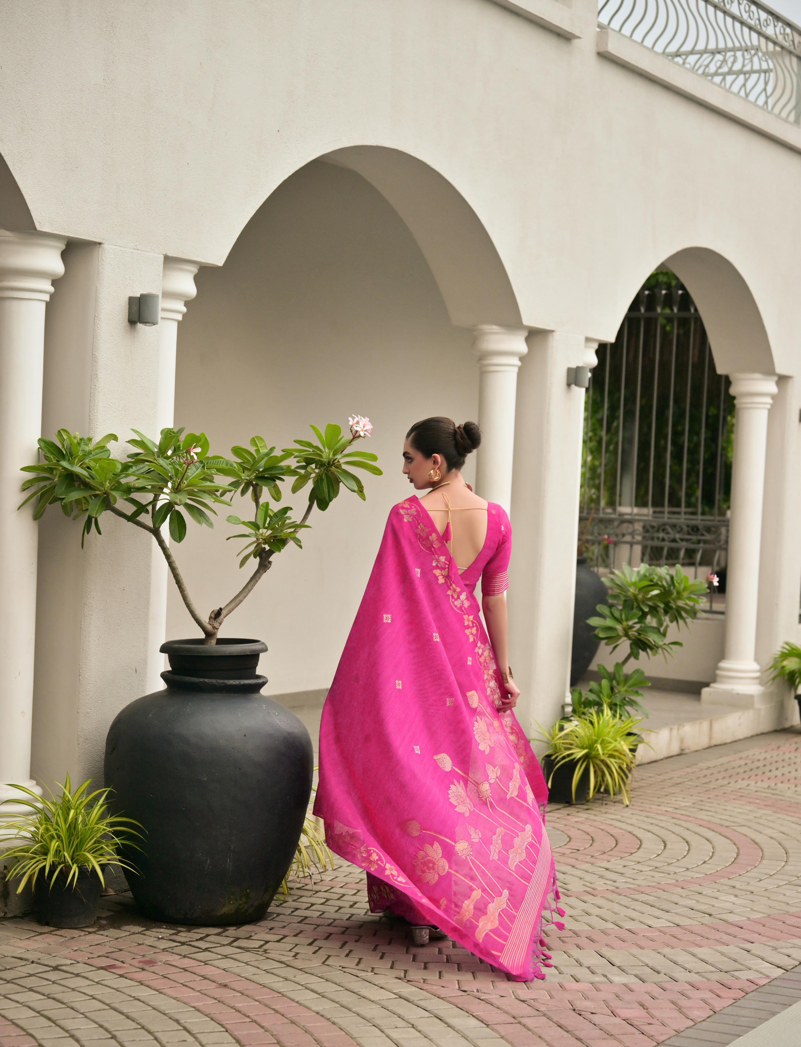 Pink Jute Linen Silk Saree