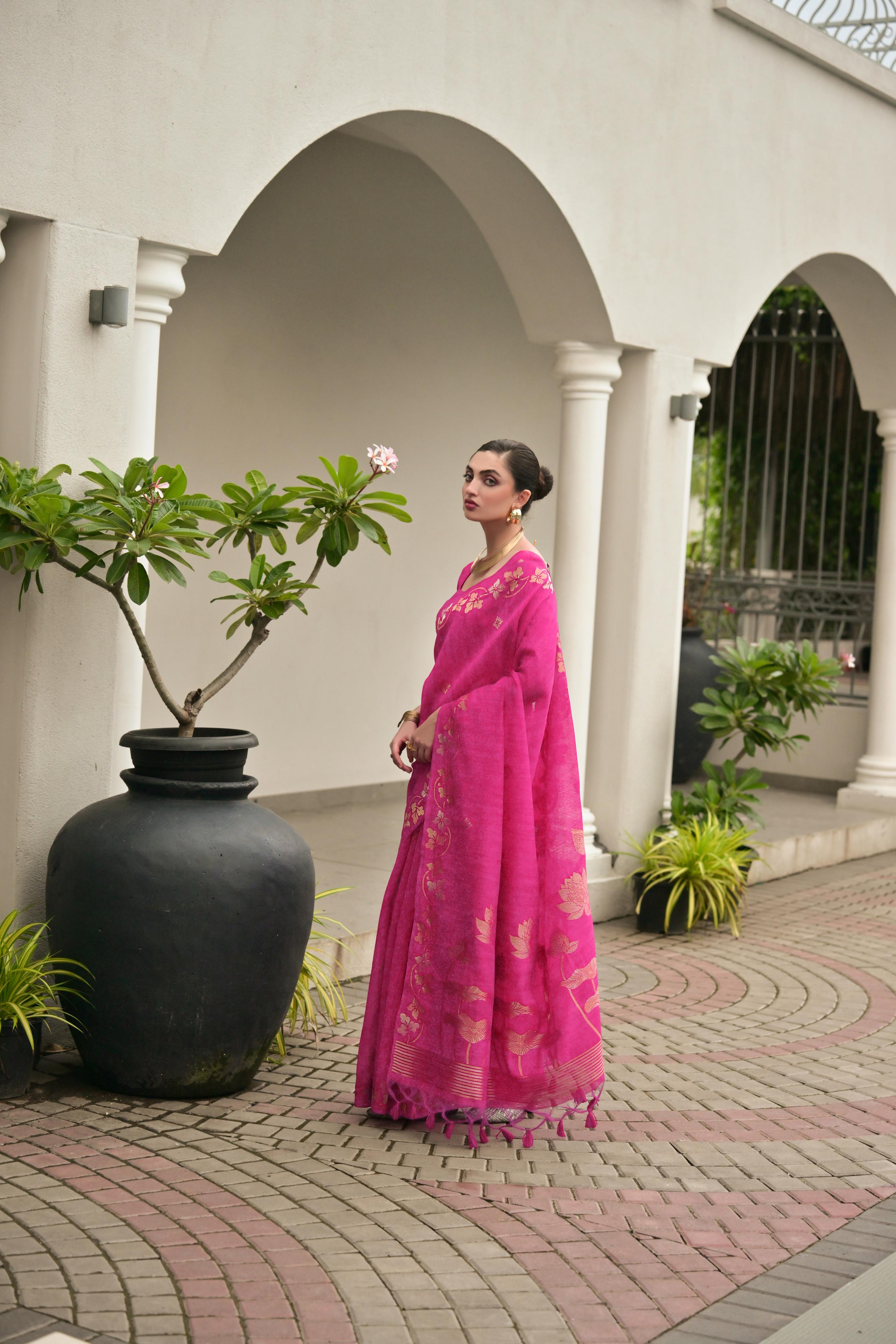 Pink Jute Linen Silk Saree