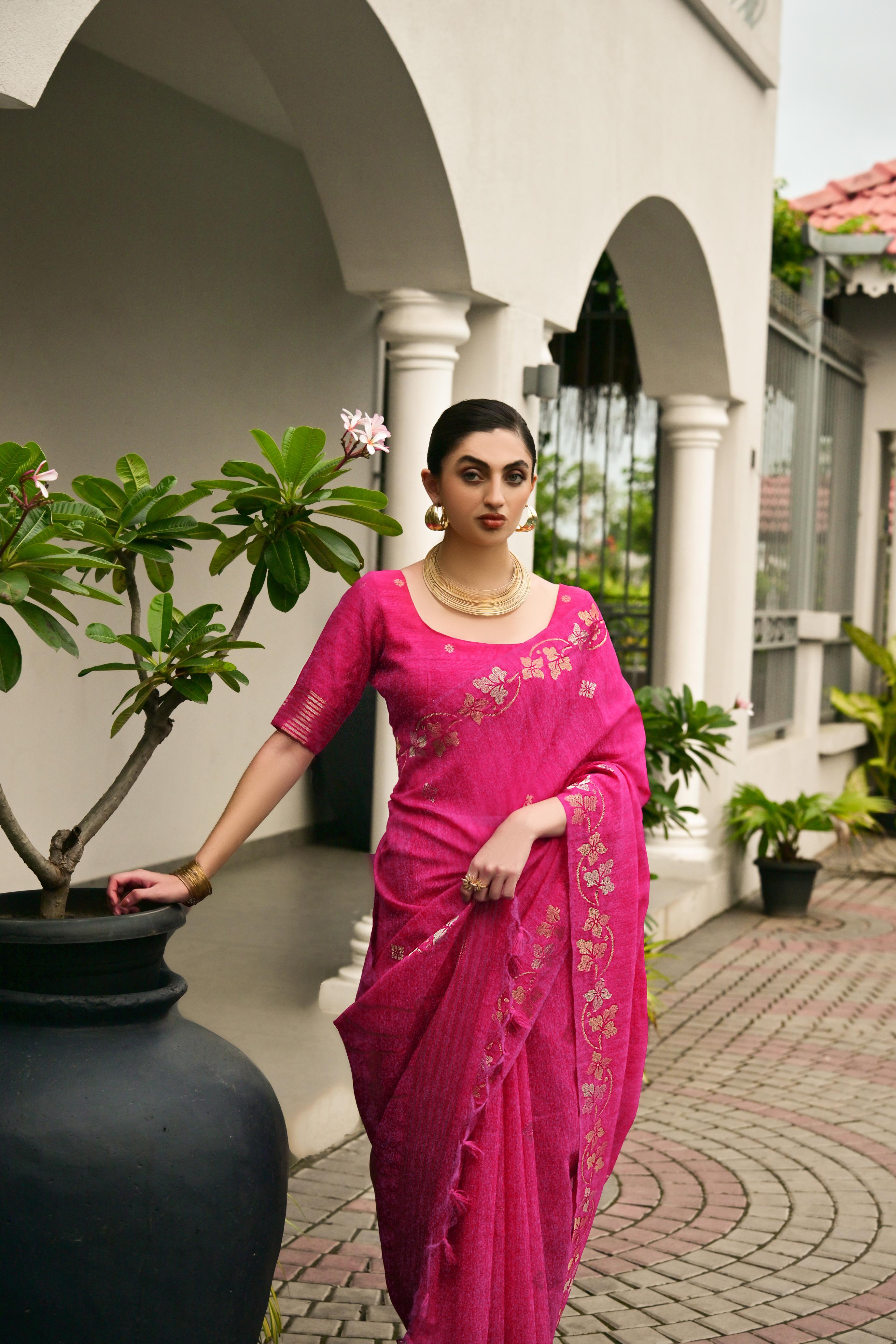 Pink Jute Linen Silk Saree
