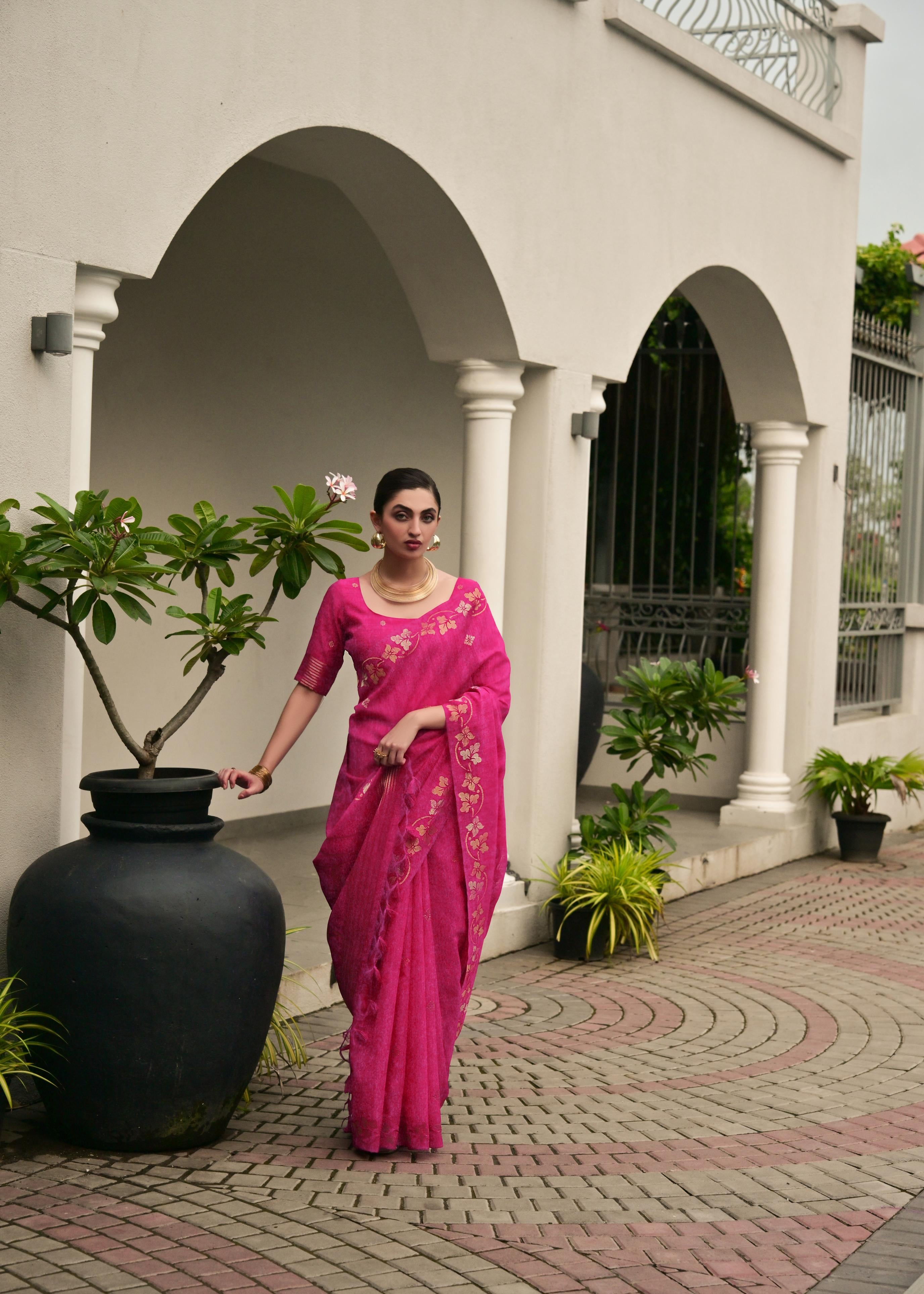 Pink Jute Linen Silk Saree