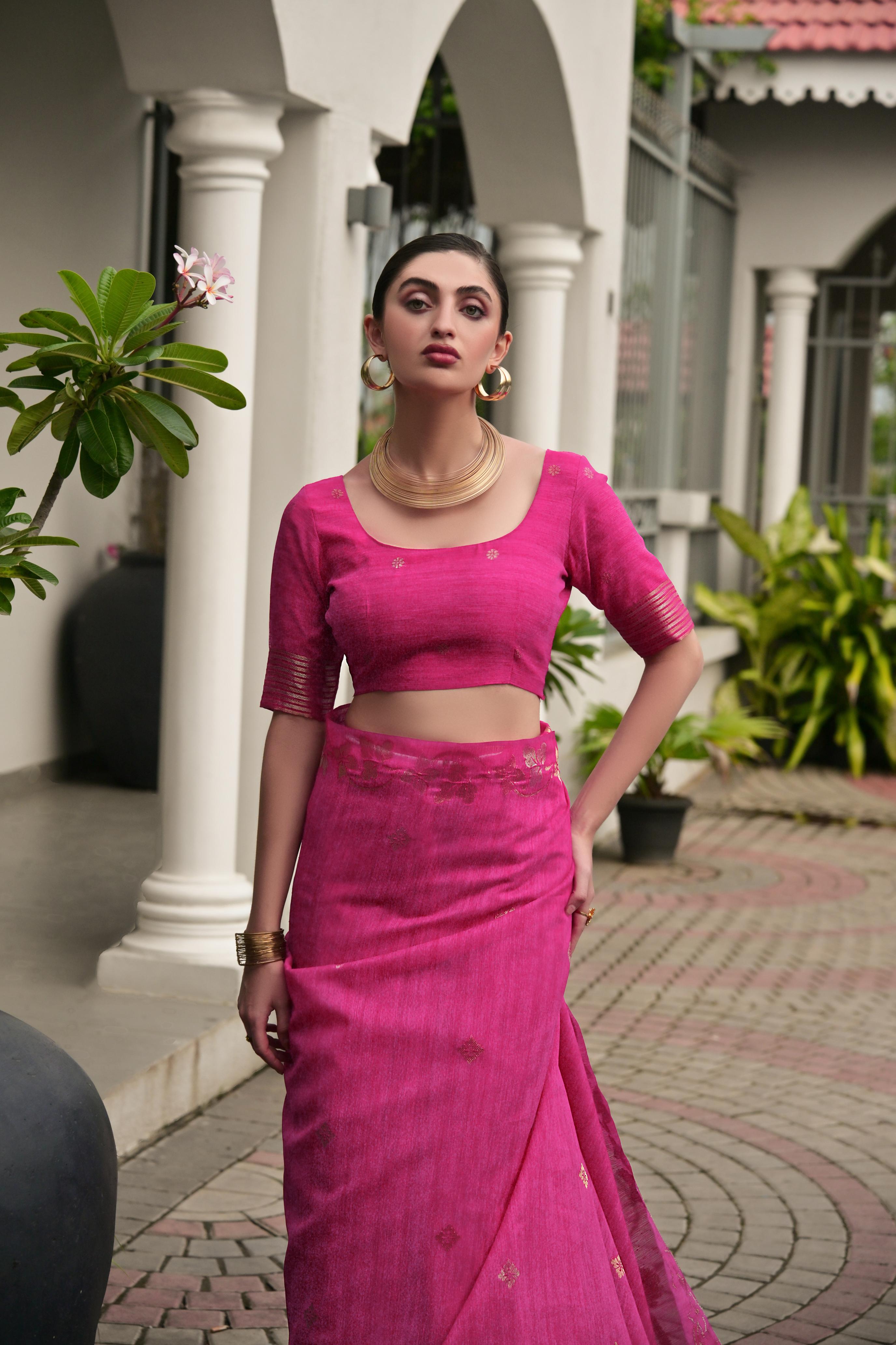Pink Jute Linen Silk Saree