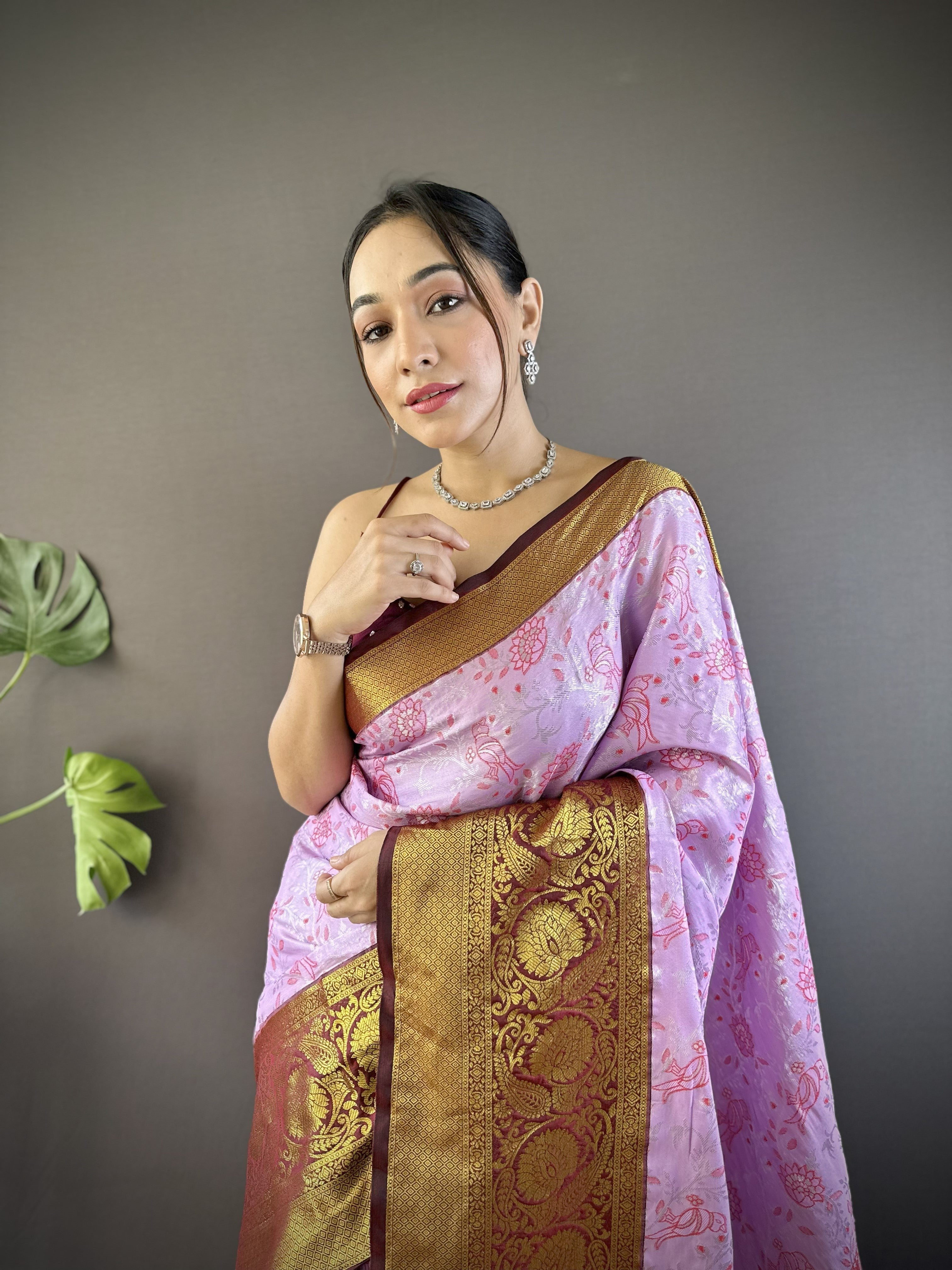 Pink Maroon Kanjivaram Tissue Silk Saree