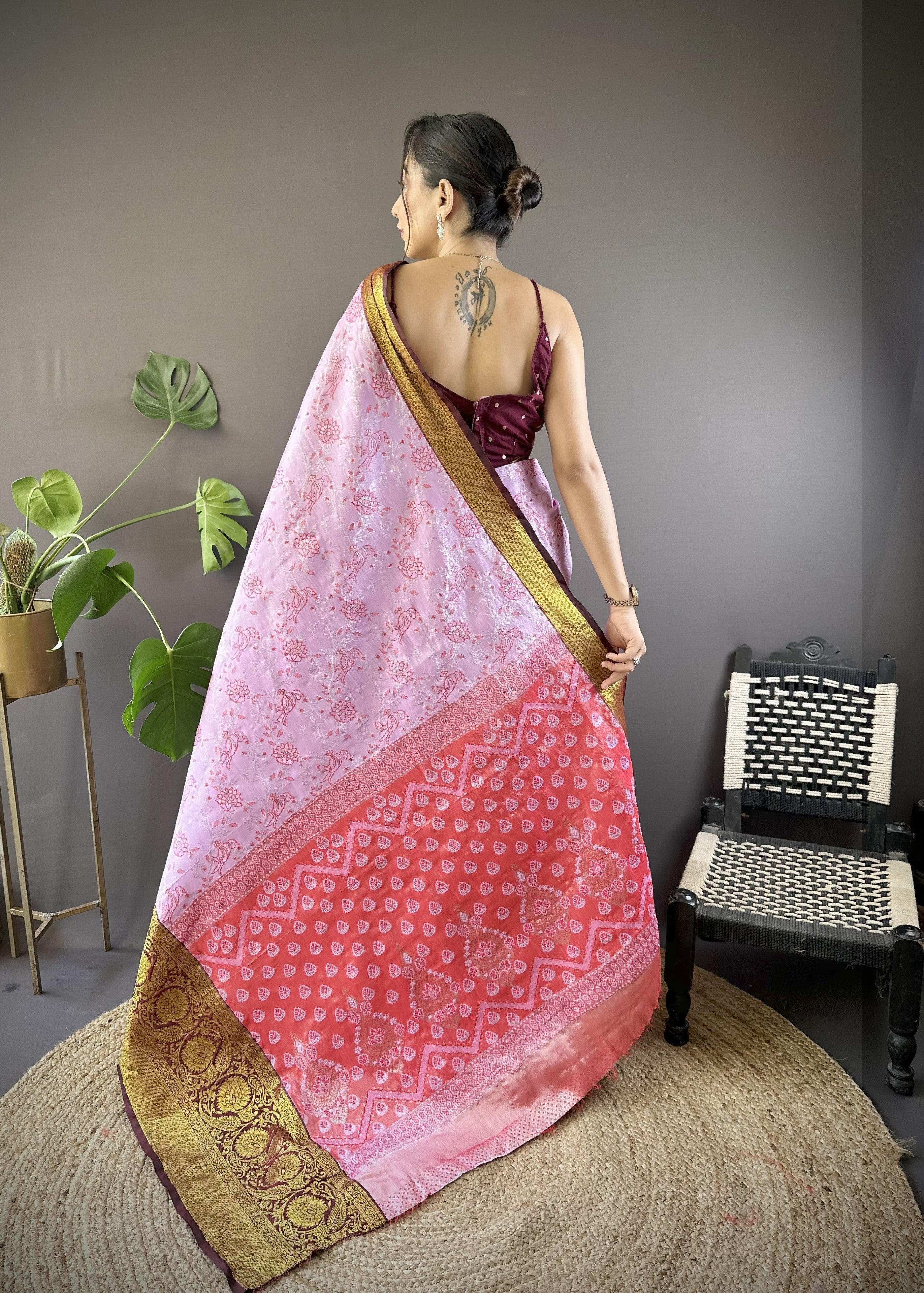 Pink Maroon Kanjivaram Tissue Silk Saree