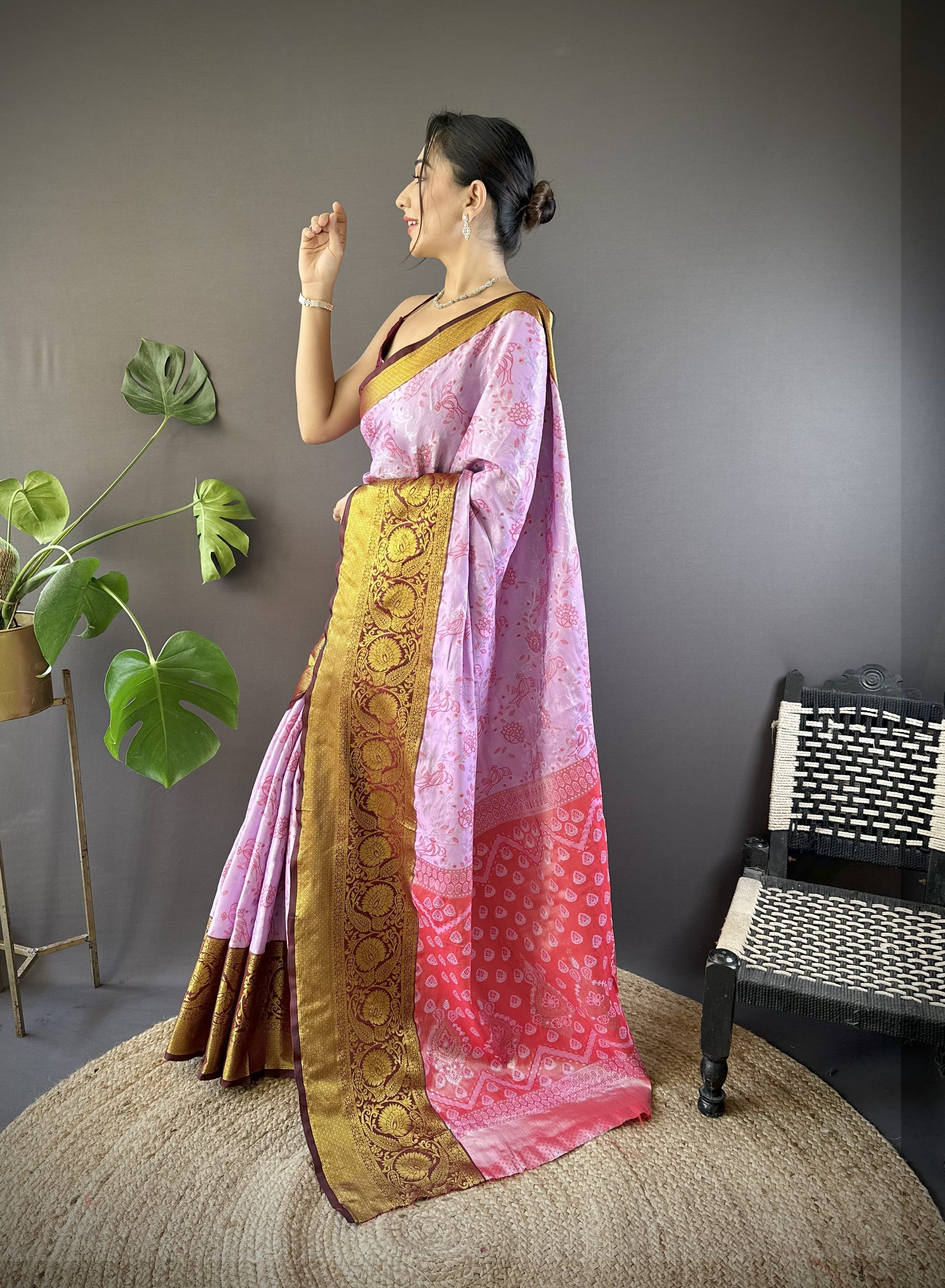 Pink Maroon Kanjivaram Tissue Silk Saree