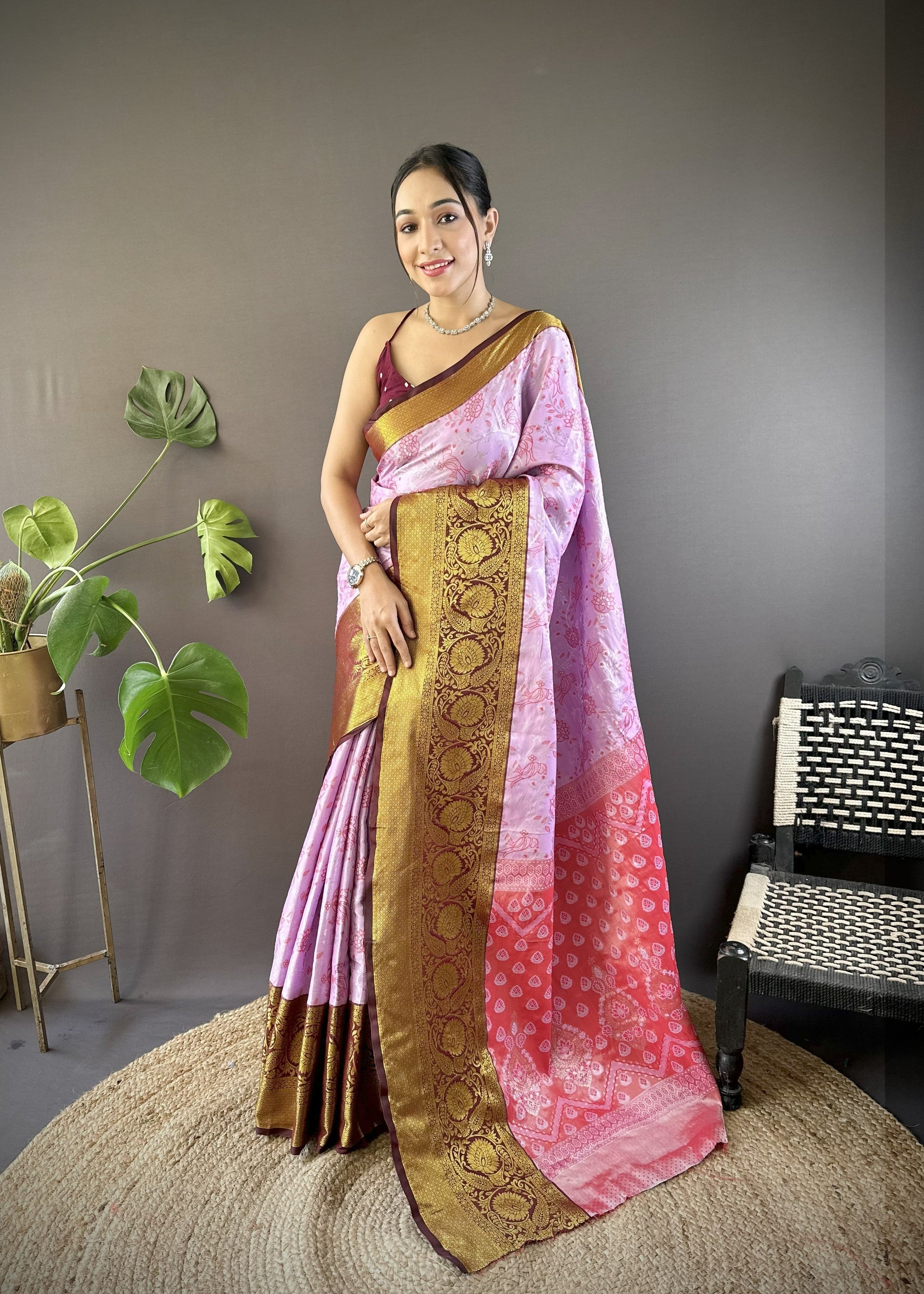 Pink Maroon Kanjivaram Tissue Silk Saree