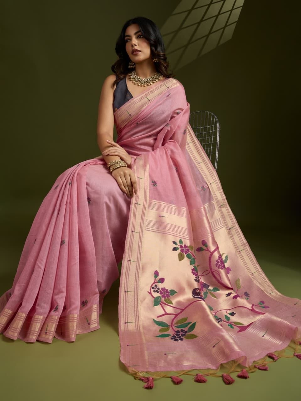Pink Muga Cotton Paithani Saree