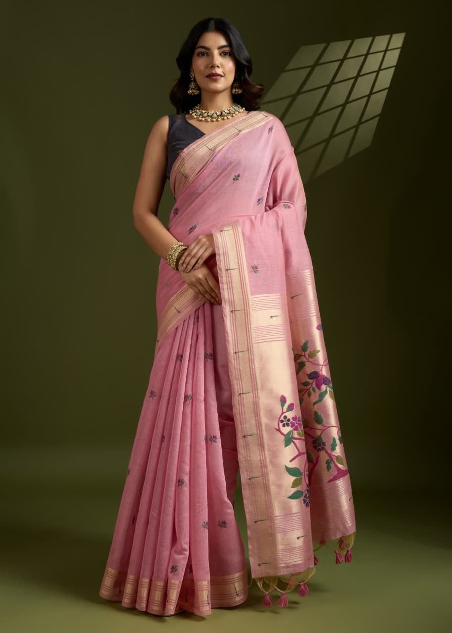 Pink Muga Cotton Paithani Saree