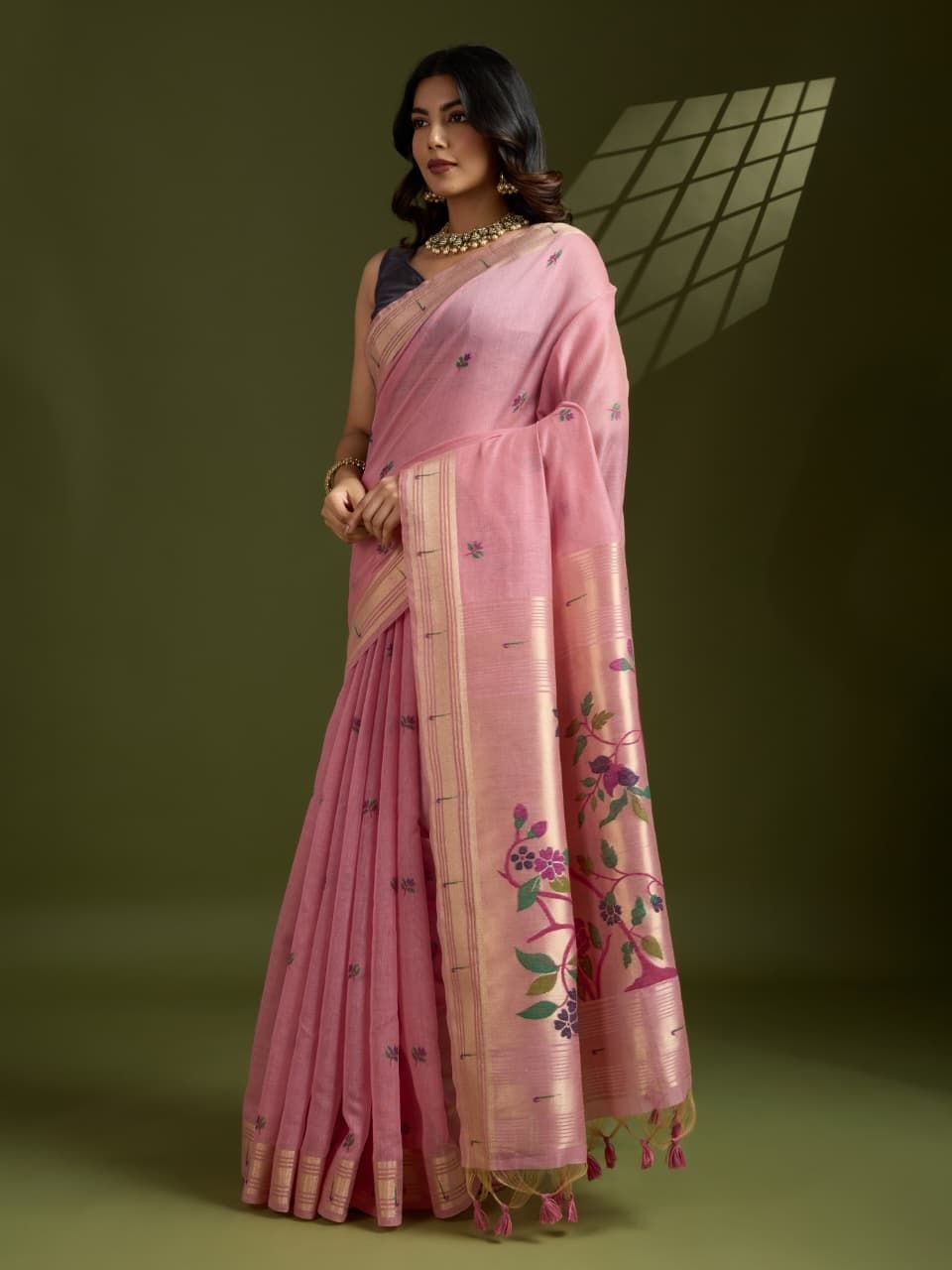 Pink Muga Cotton Paithani Saree