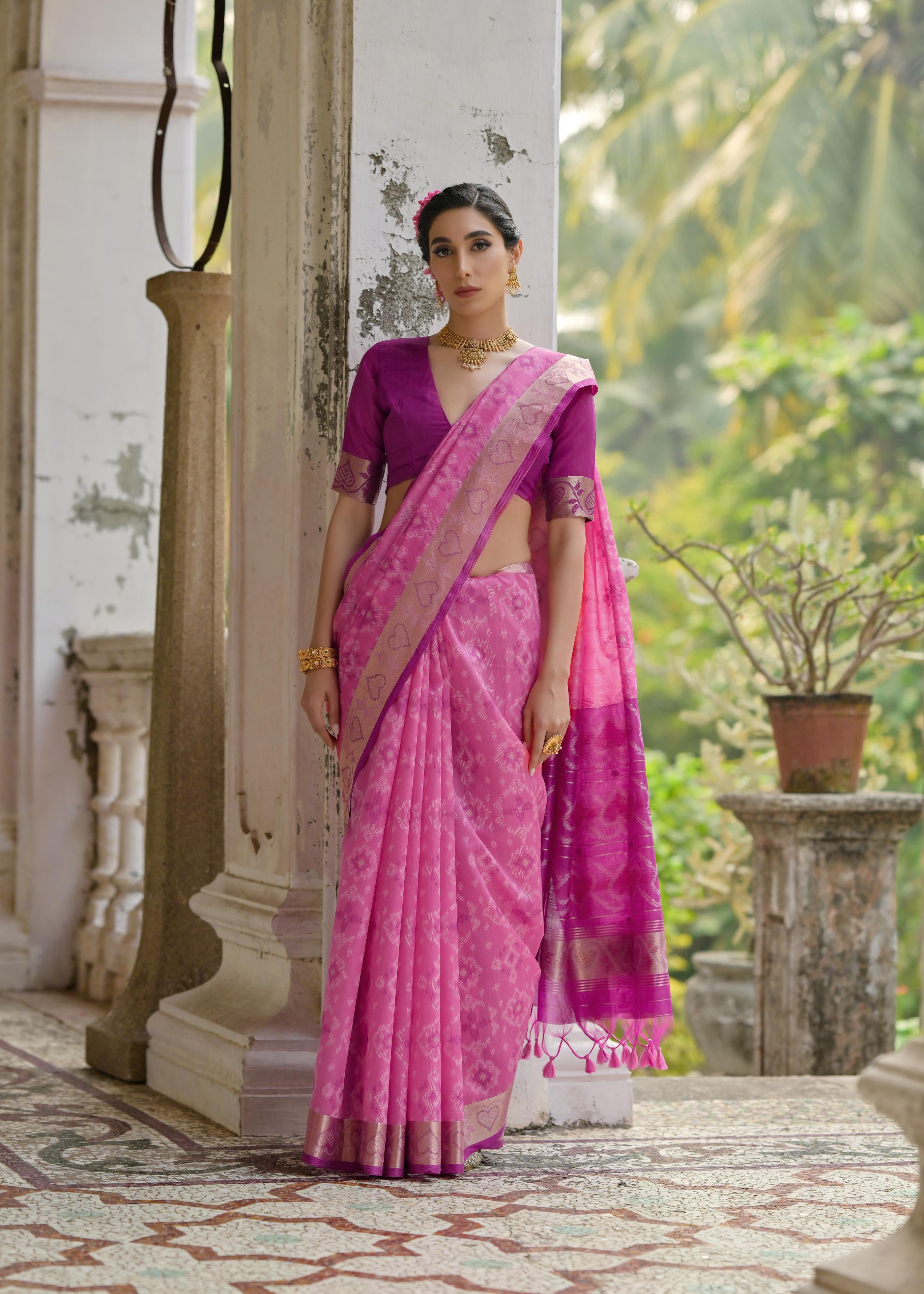 Pink Pochampali Ikkat Raw Silk Saree