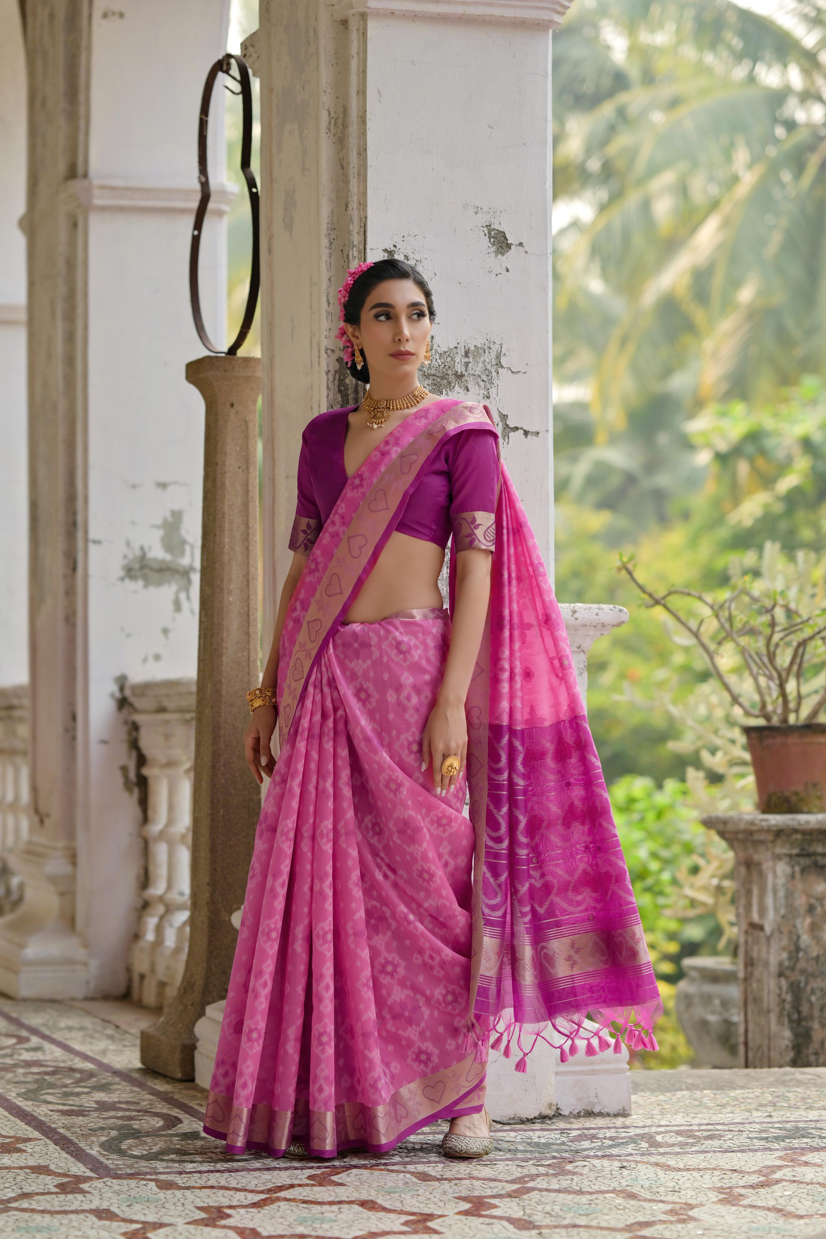 Pink Pochampali Ikkat Raw Silk Saree