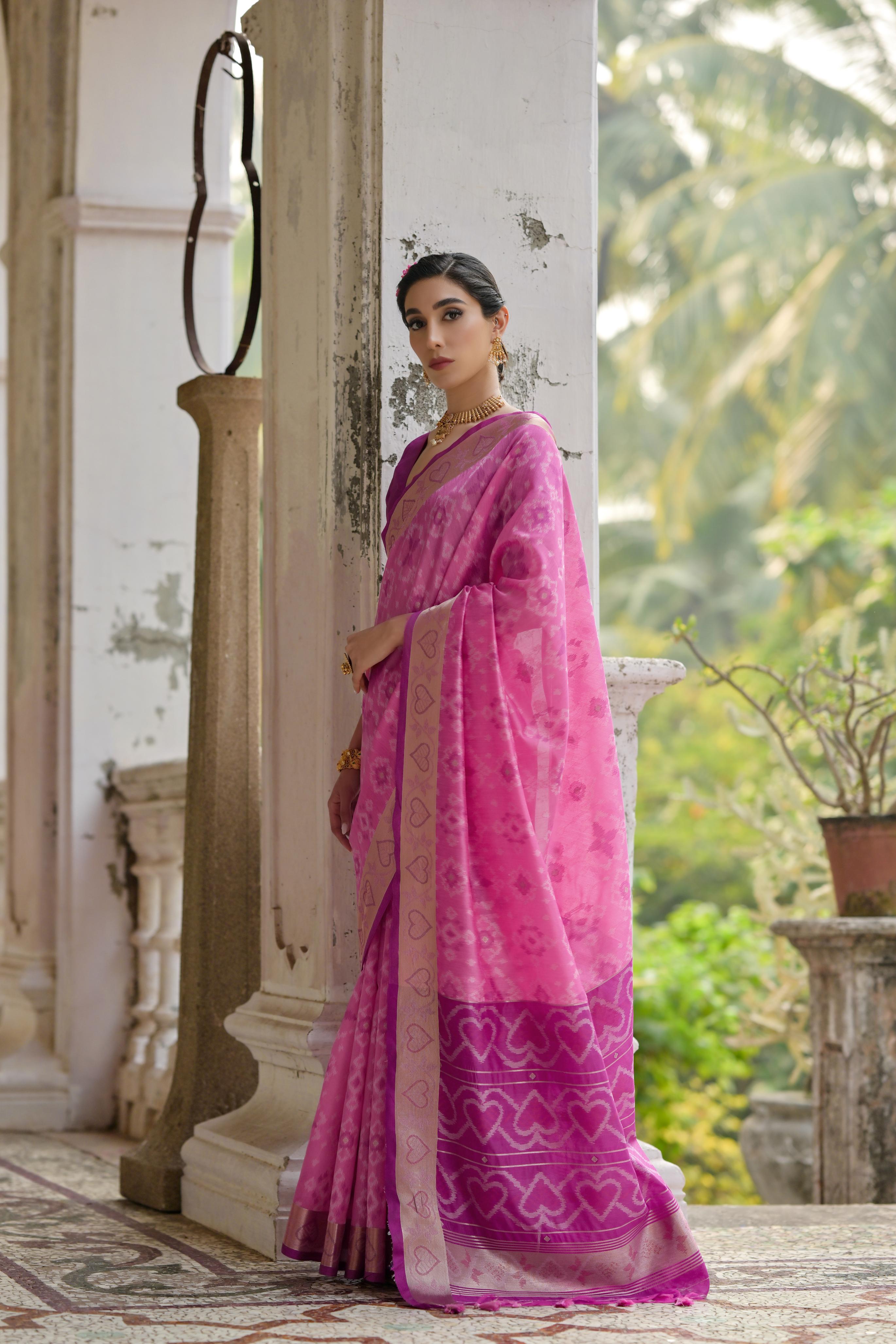 Pink Pochampali Ikkat Raw Silk Saree