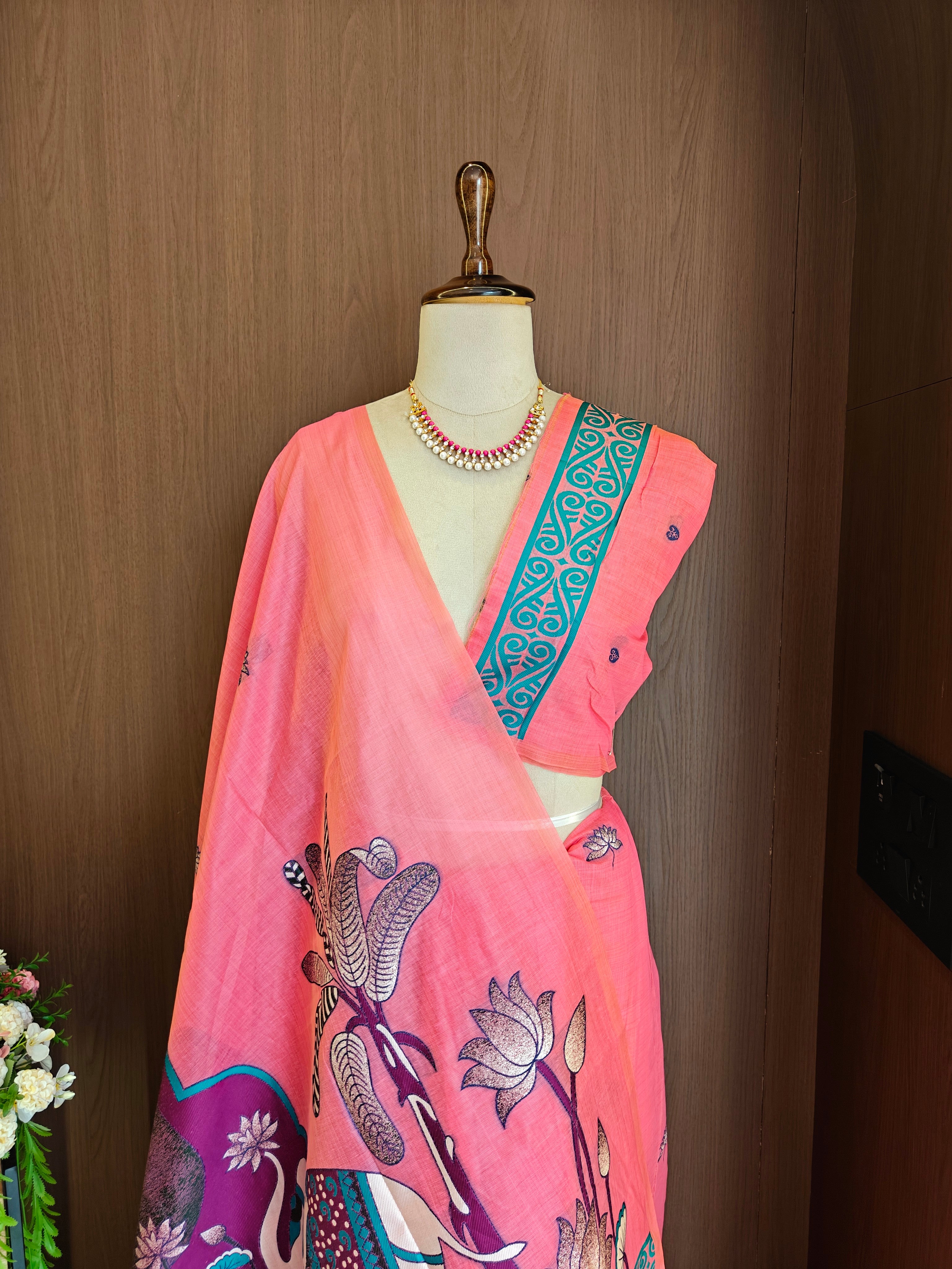 Pink Rajwadi Woven Muga Cotton Saree