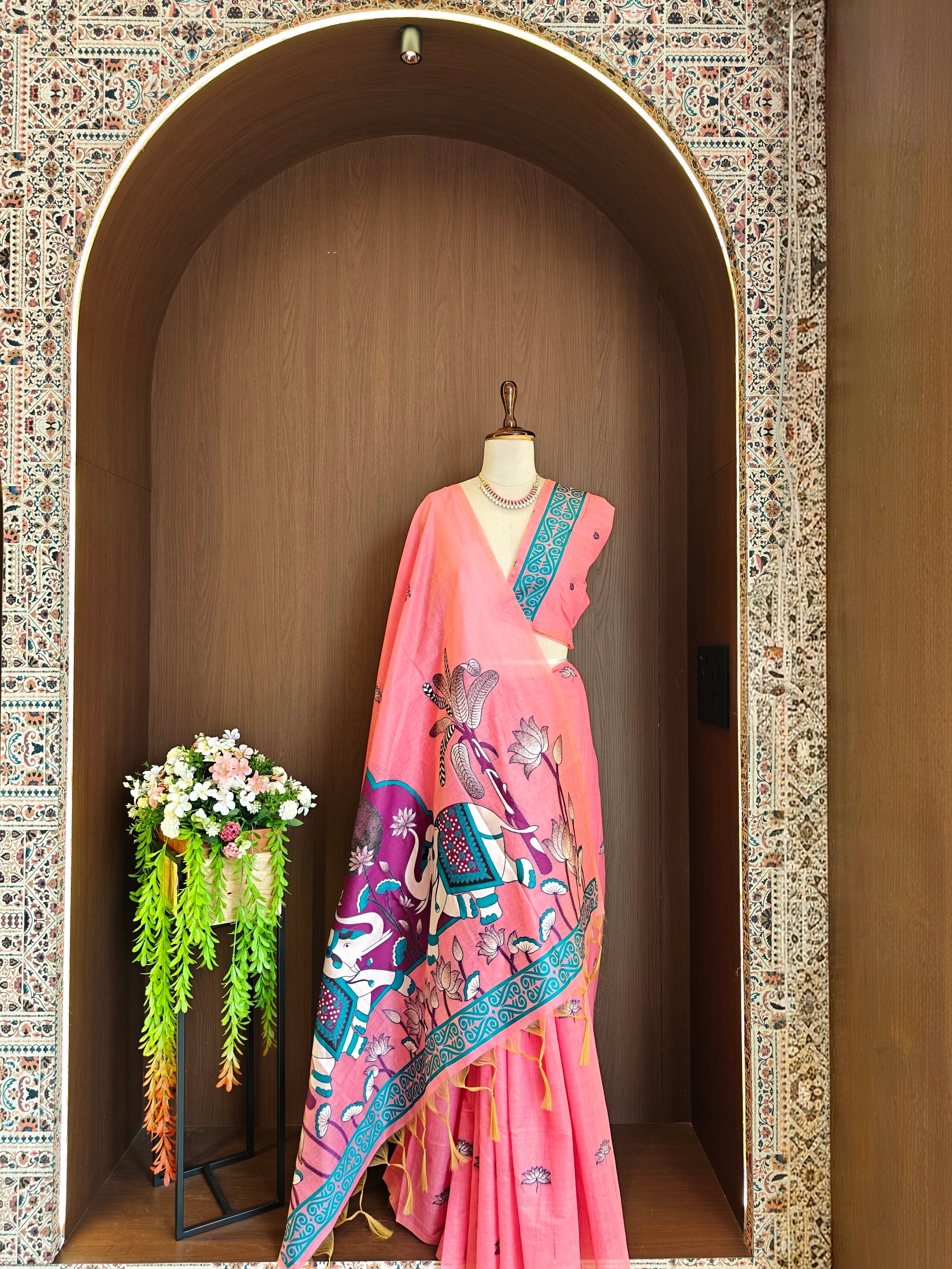 Pink Rajwadi Woven Muga Cotton Saree