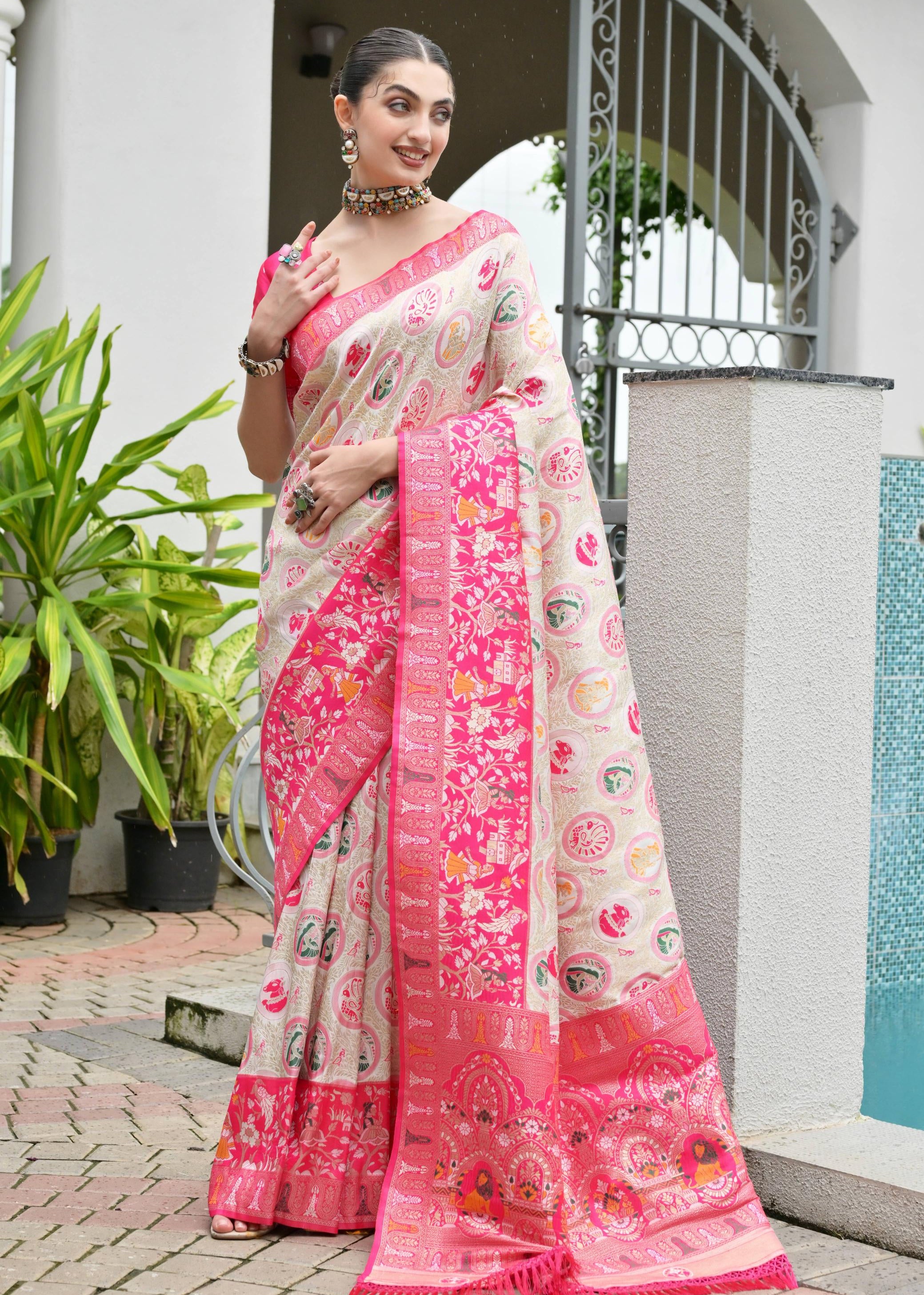 Pink Soft Banarasi Silk Patola And Ajarakh Saree