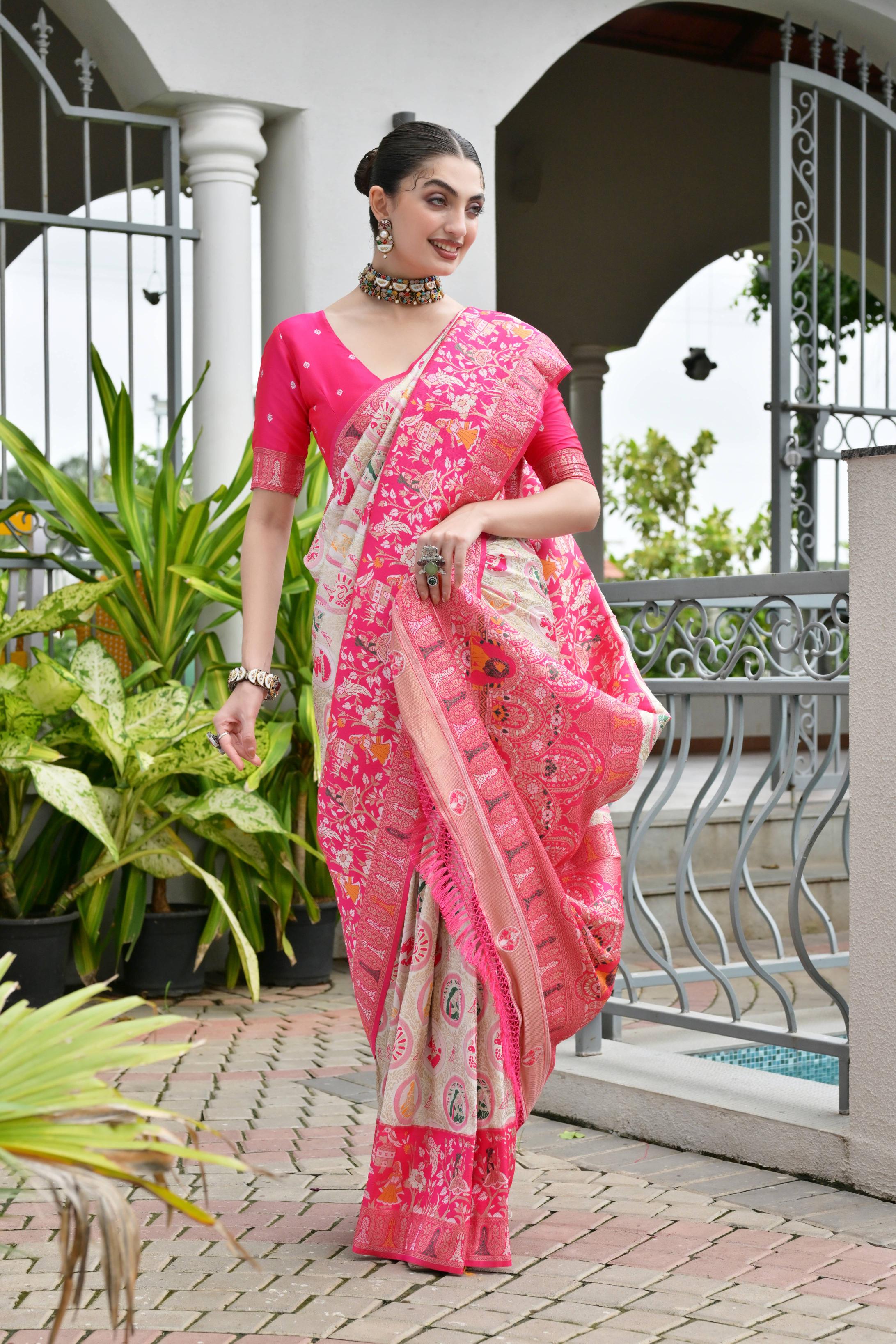 Pink Soft Banarasi Silk Patola And Ajarakh Saree