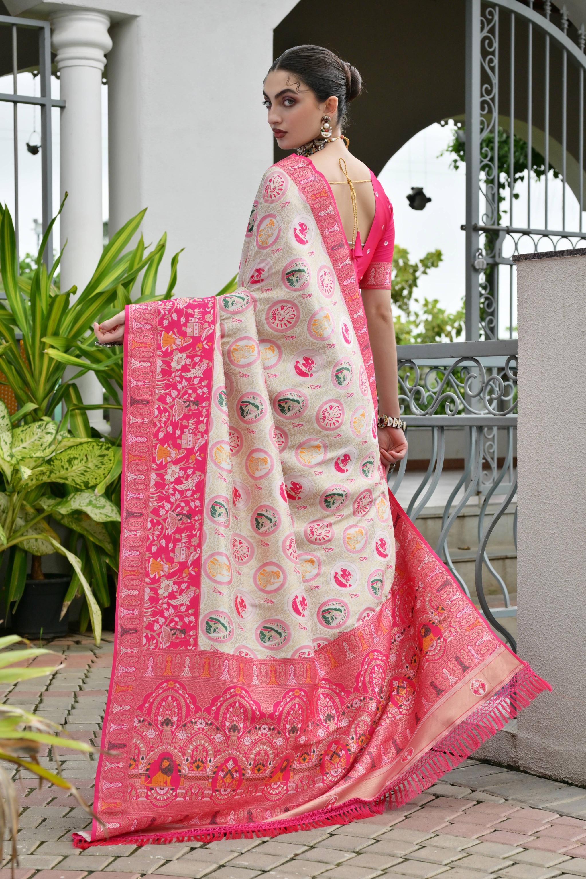 Pink Soft Banarasi Silk Patola And Ajarakh Saree