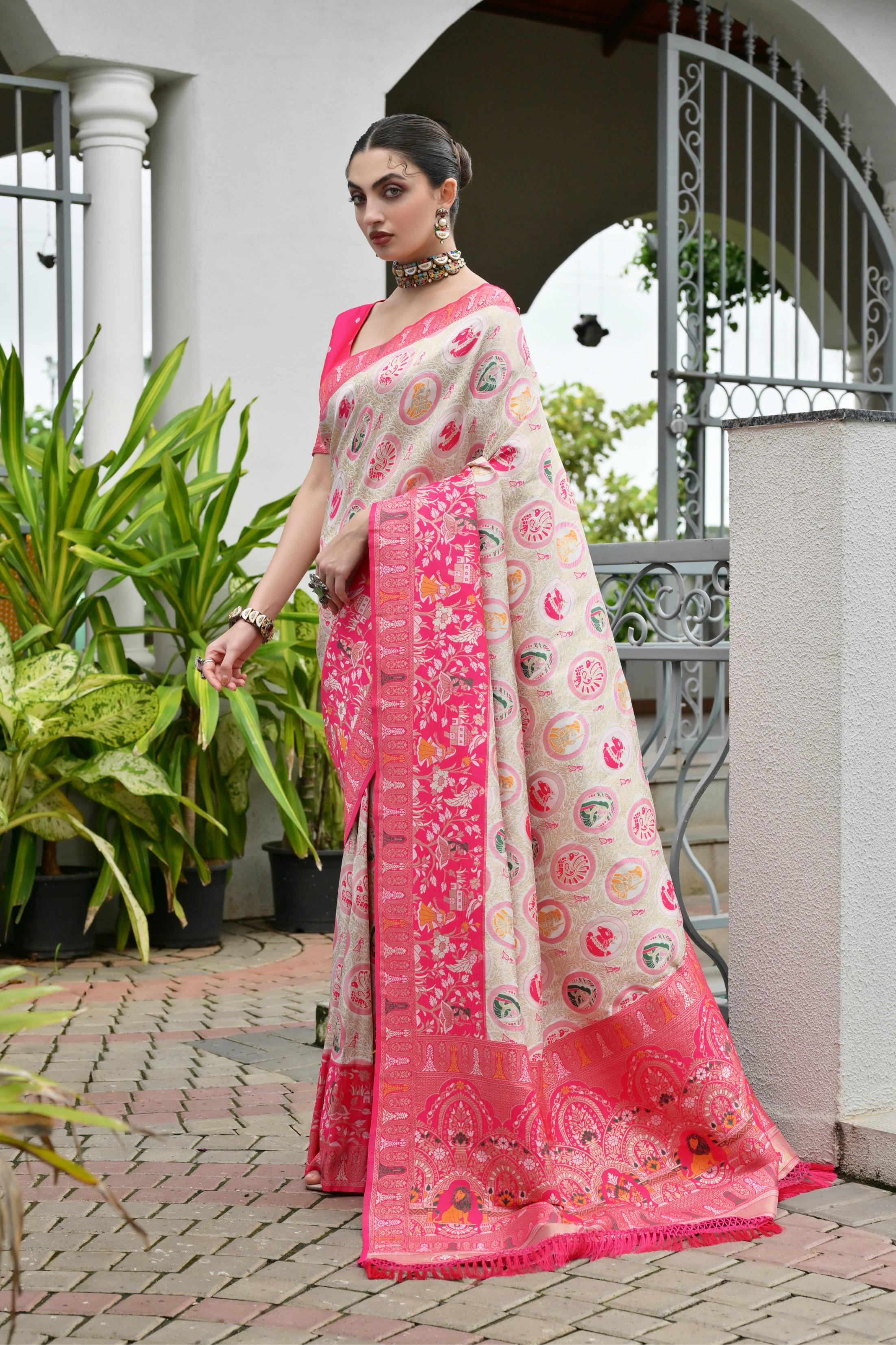 Pink Soft Banarasi Silk Patola And Ajarakh Saree